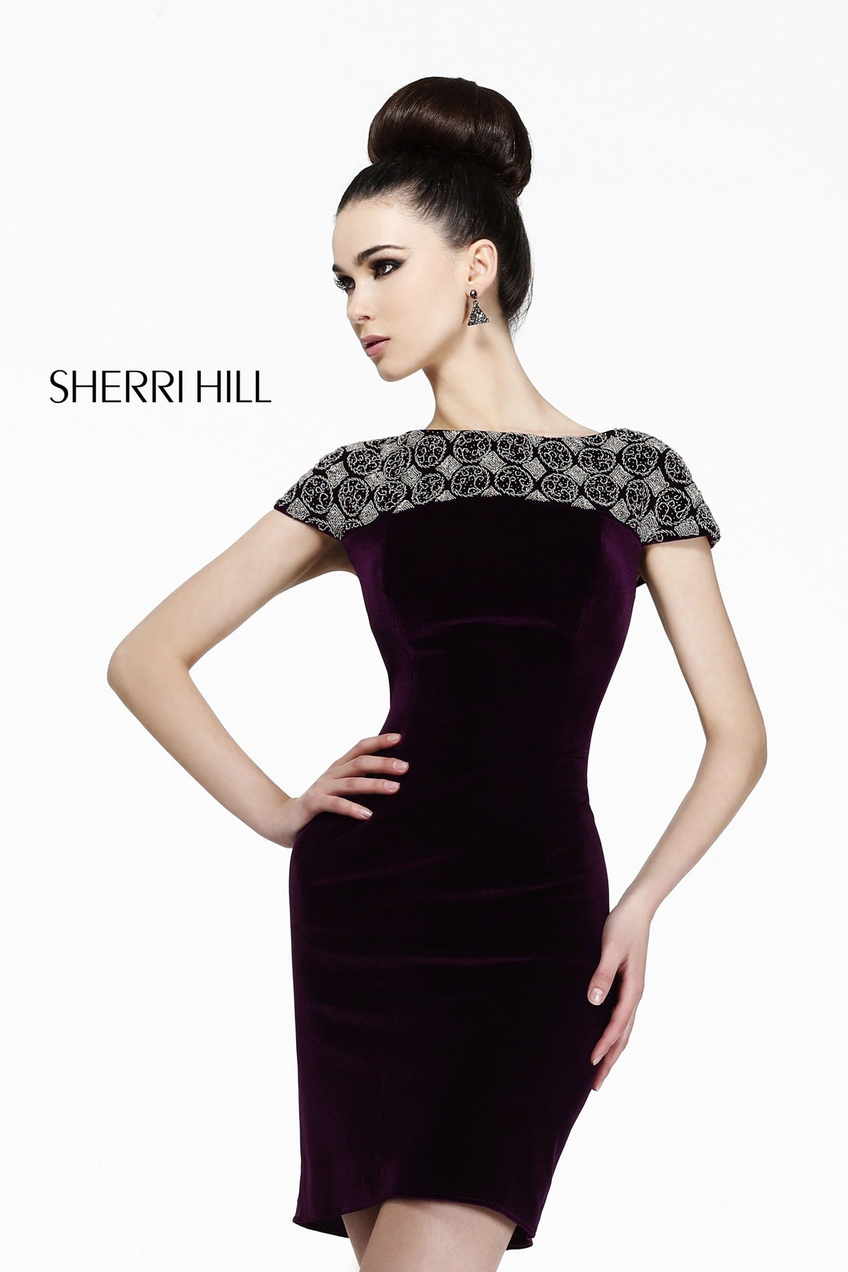 Sherri Hill 21207 cap-sleeve fitted cocktail dress with beaded shoulders in purple