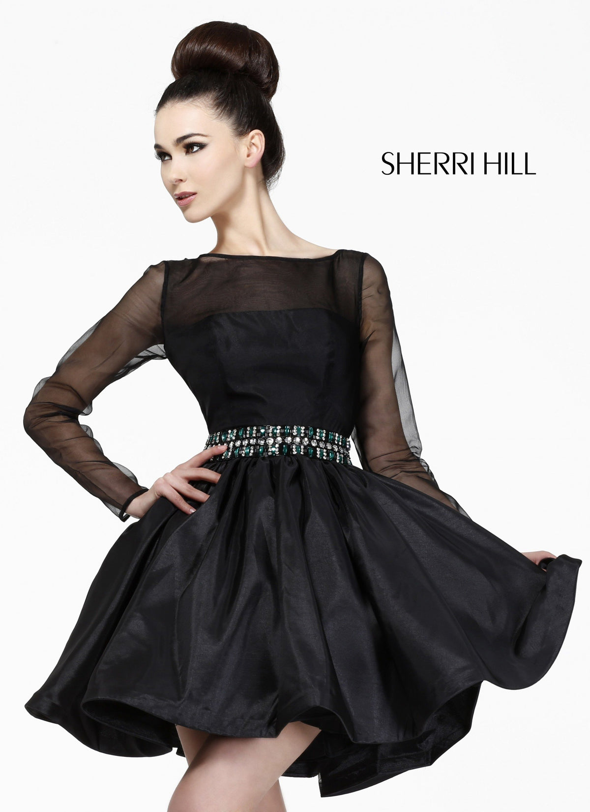 Sherri Hill 21214 sheer long-sleeve cocktail dress with full skirt in black