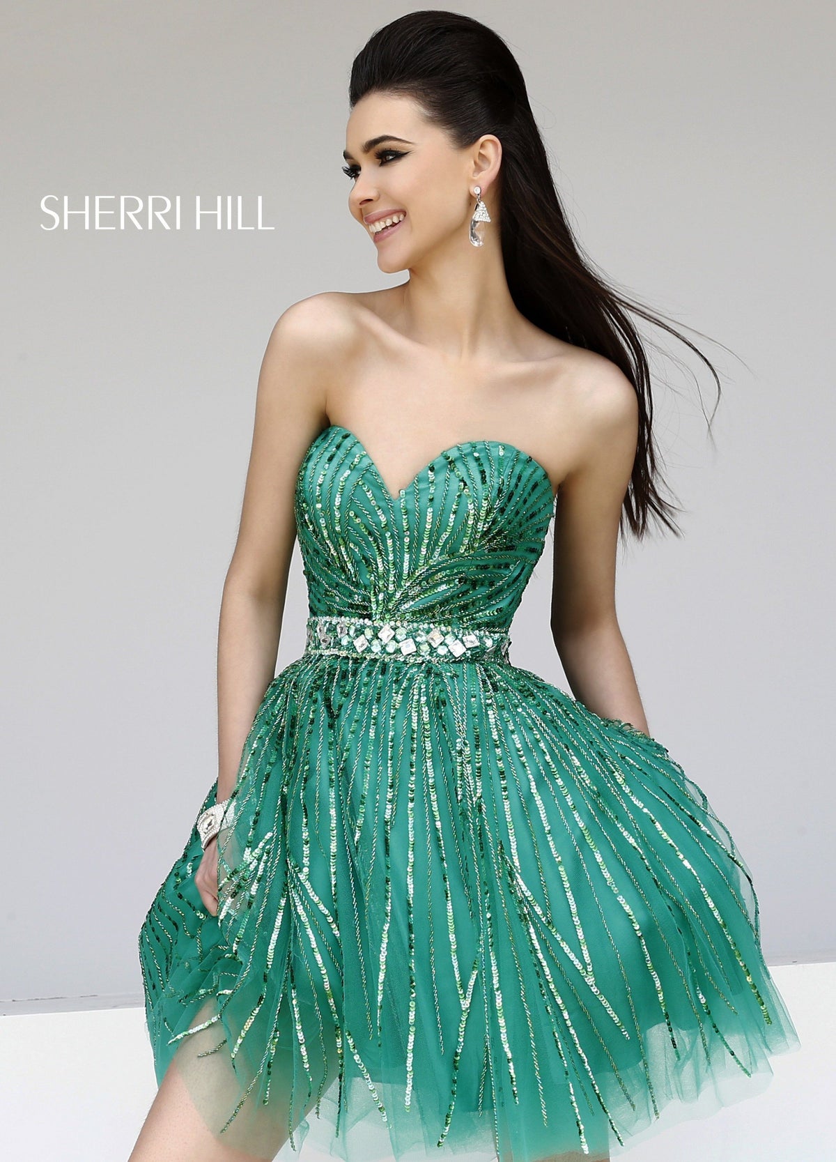 Sherri Hill 8522 sweetheart sequin cocktail dress with tulle skirt in emerald