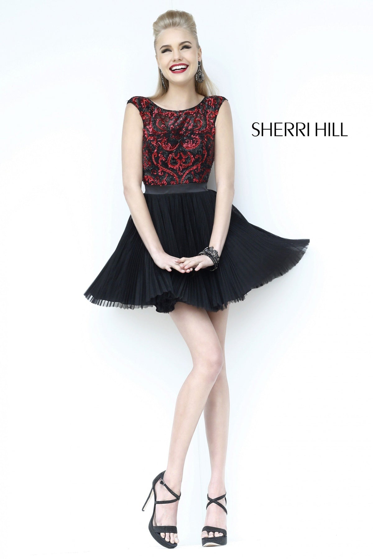 Sherri Hill 21167 cap-sleeve beaded cocktail dress in black/red/black