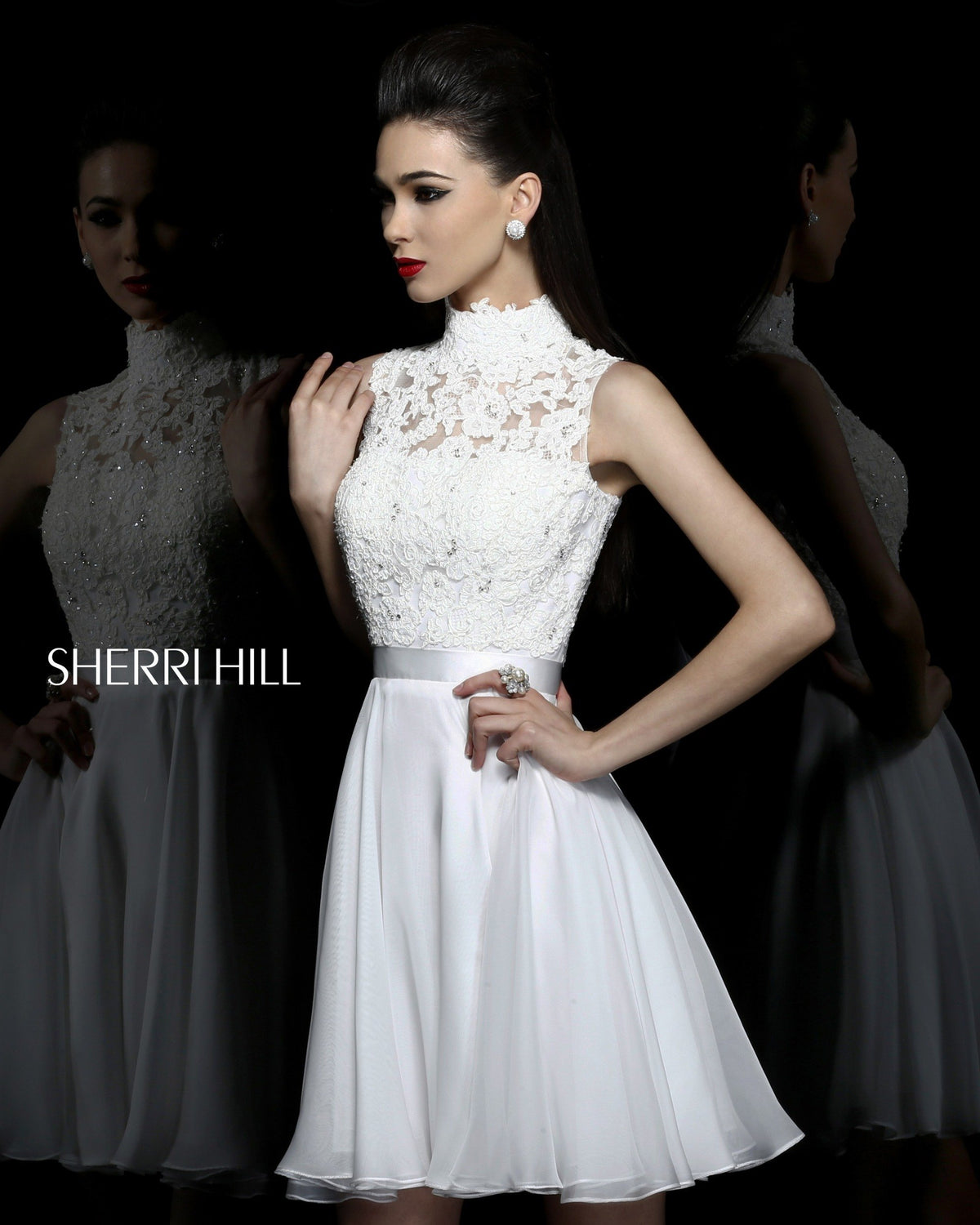 Sherri Hill 21184 lace bodice chiffon cocktail dress in ivory