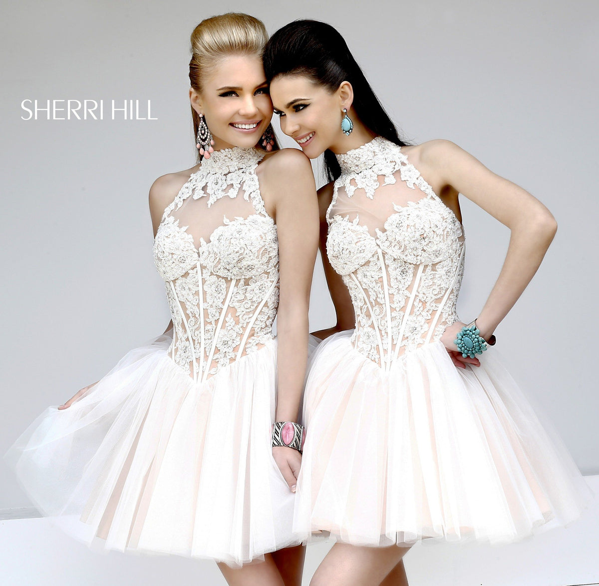 Sherri Hill 21193 high-neck beaded cocktail dress with tulle skirt