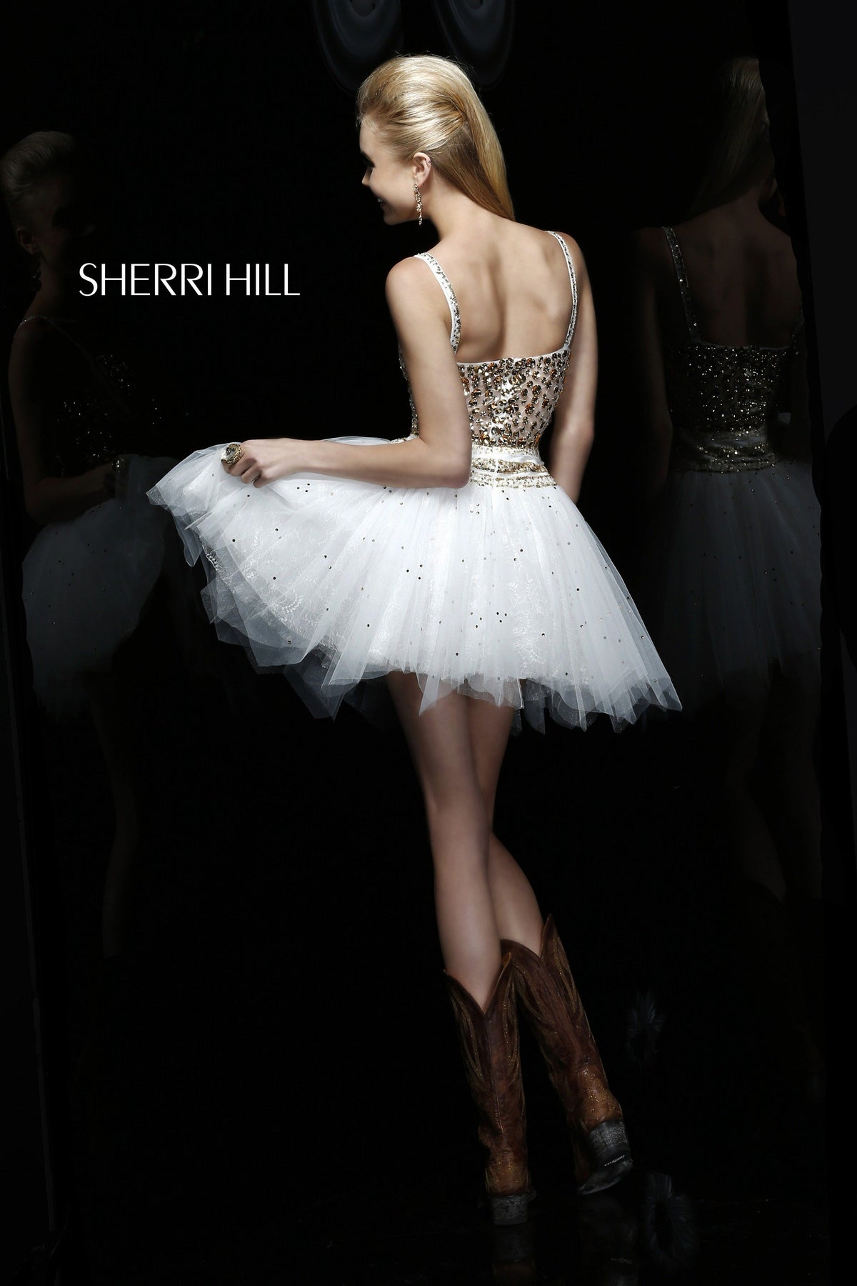 Sherri Hill 21196 beaded cocktail dress with tulle skirt in ivory/gold
