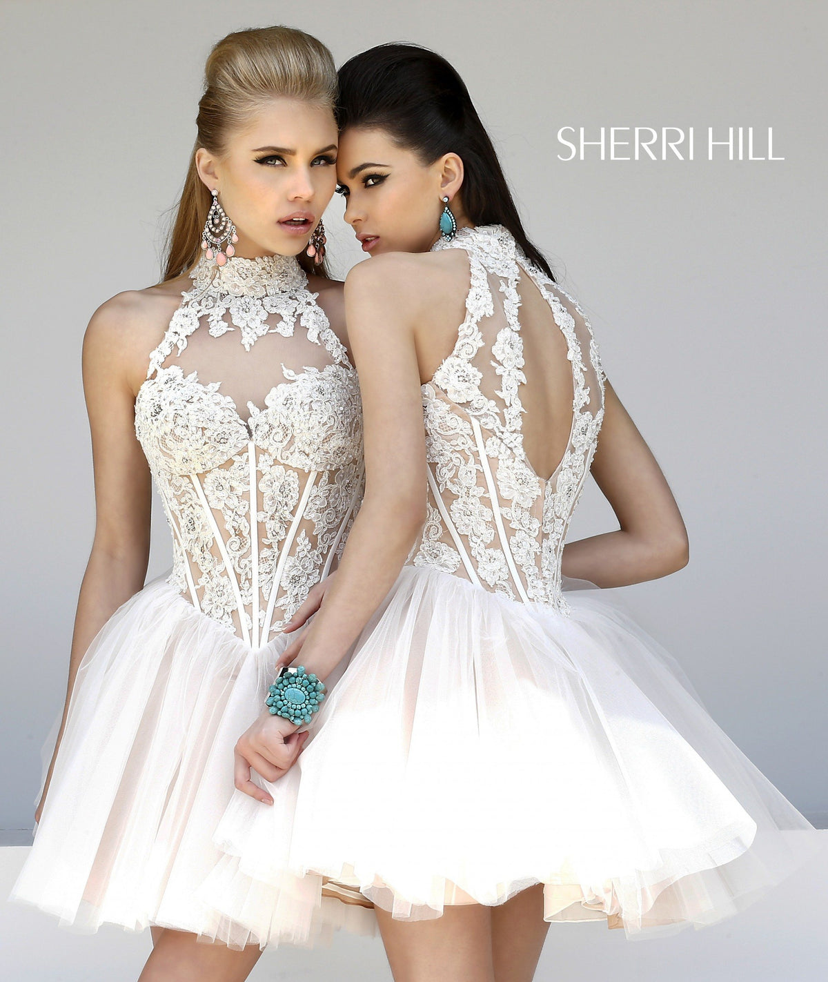 Sherri Hill 21193 high-neck beaded cocktail dress with tulle skirt