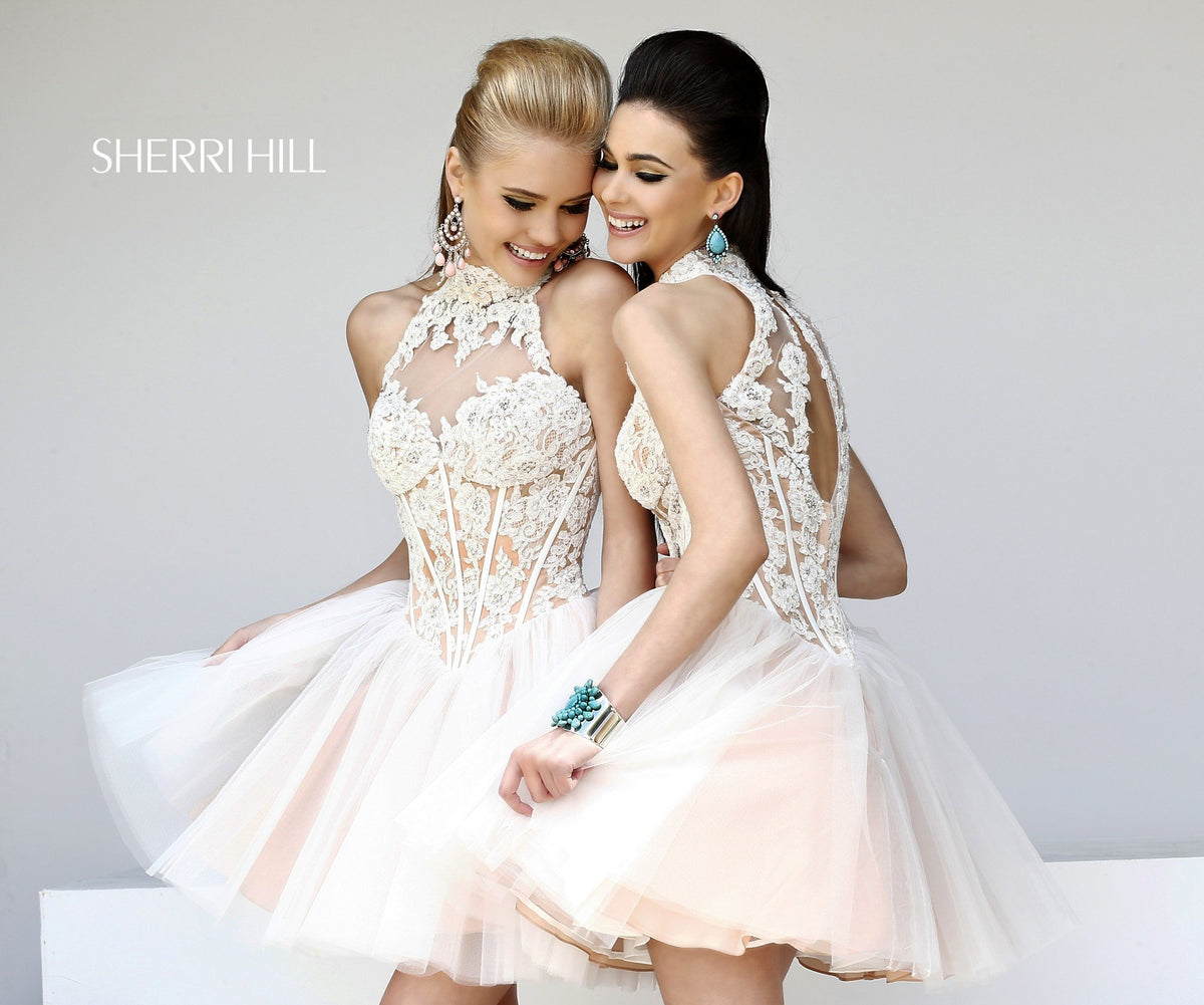 Sherri Hill 21193 high-neck beaded cocktail dress with tulle skirt