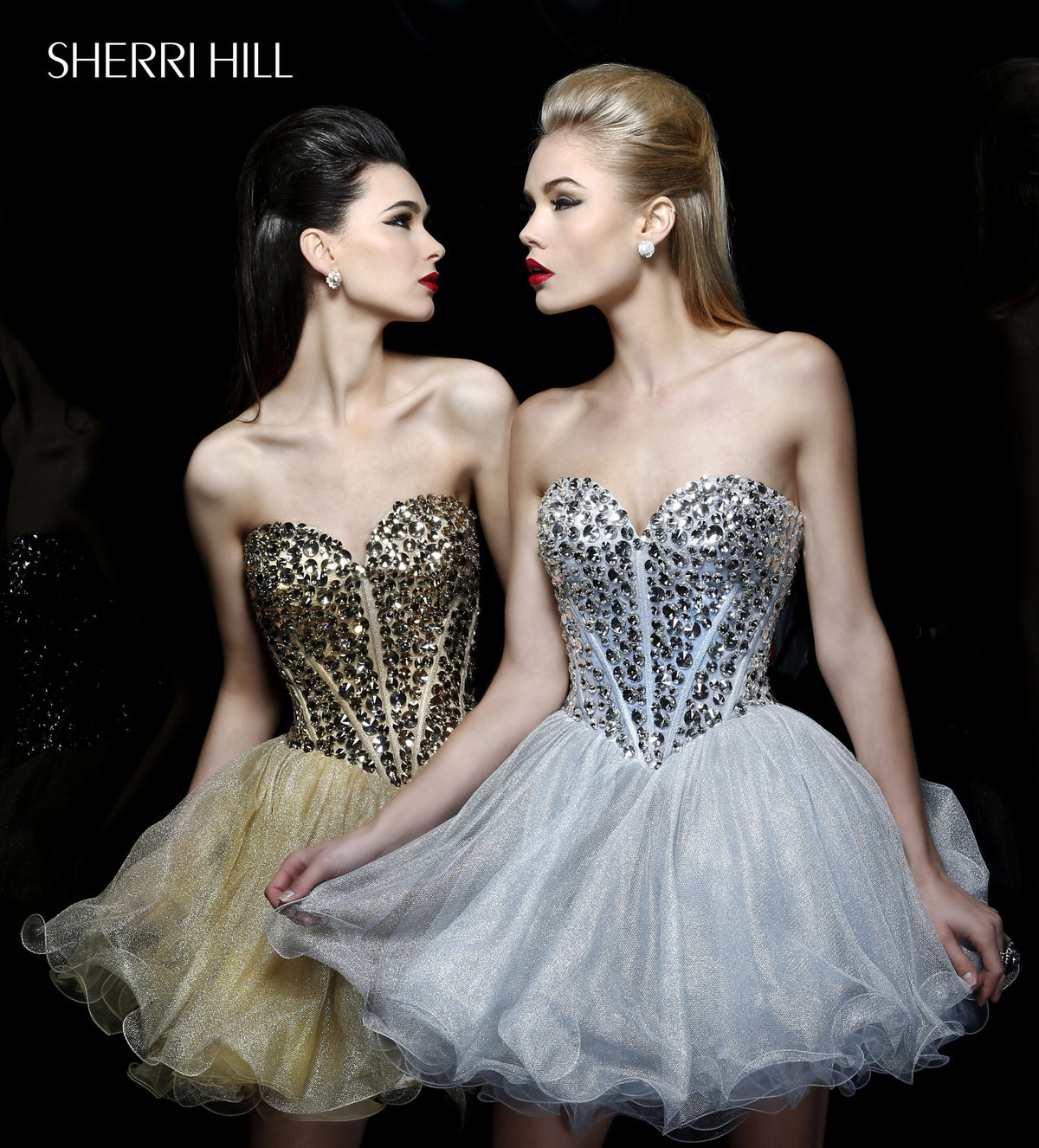 Sherri Hill 21205 strapless beaded corset cocktail dress in gold