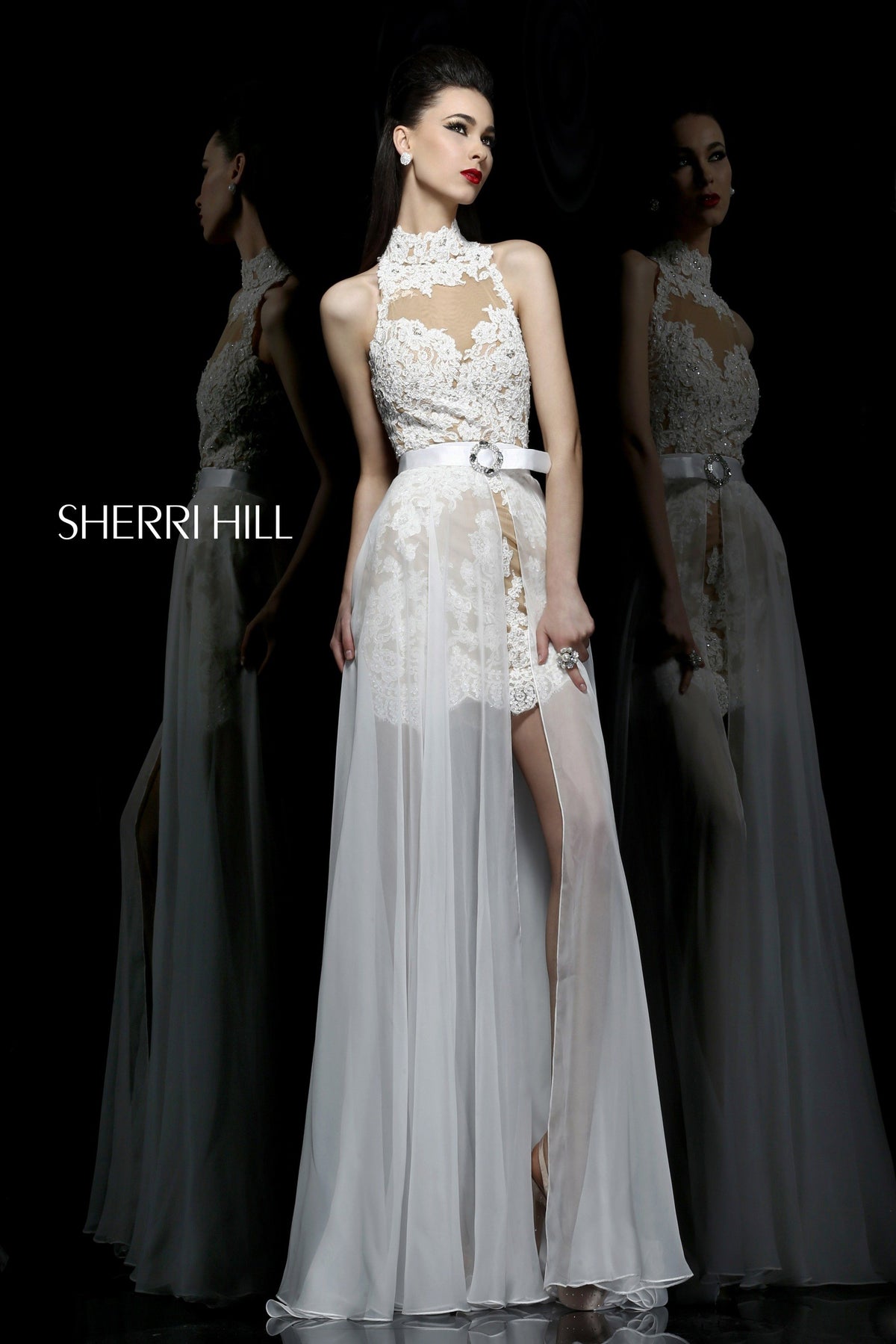 Sherri Hill 21213 high-neck lace gown with sheer skirt in ivory/nude
