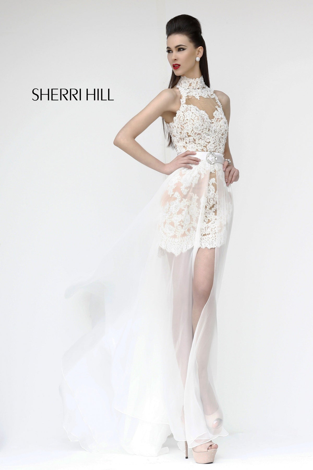 Sherri Hill 21213 high-neck lace gown with sheer skirt