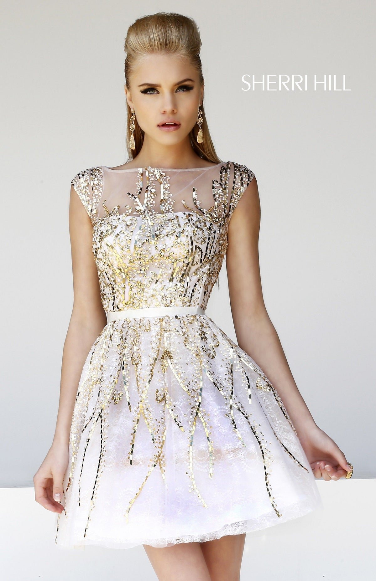Sherri Hill 21212 beaded cocktail dress with full skirt in ivory/gold