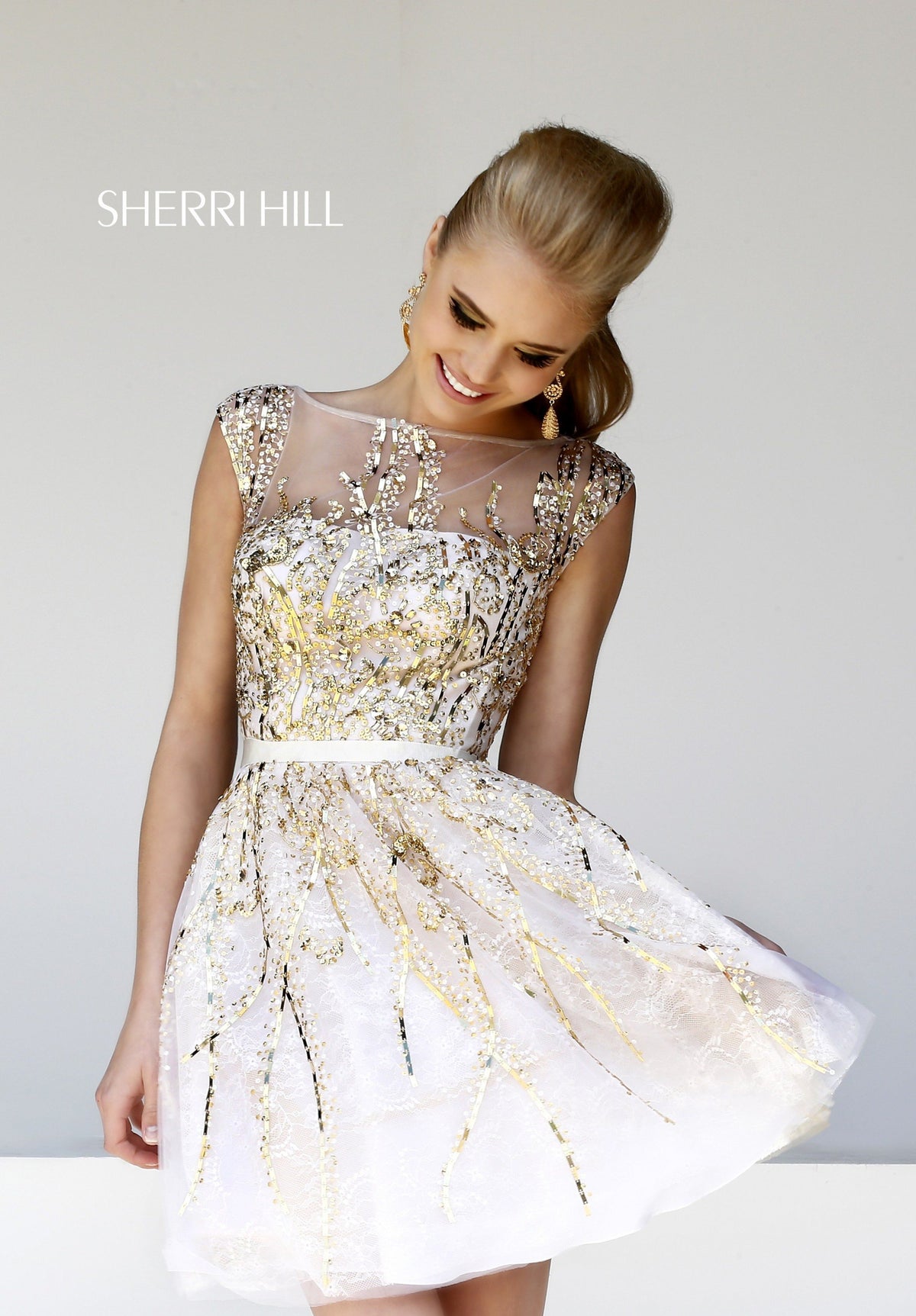 Sherri Hill 21212 beaded cocktail dress with full skirt in ivory/gold