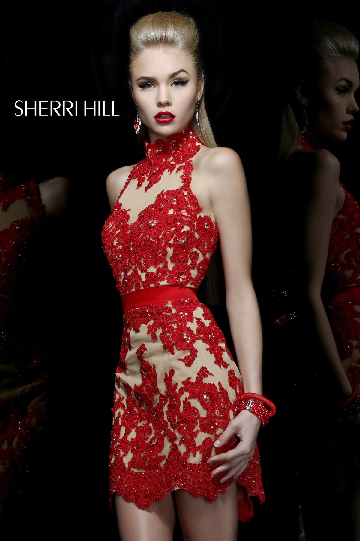Sherri Hill 21213 high-neck lace gown with sheer skirt