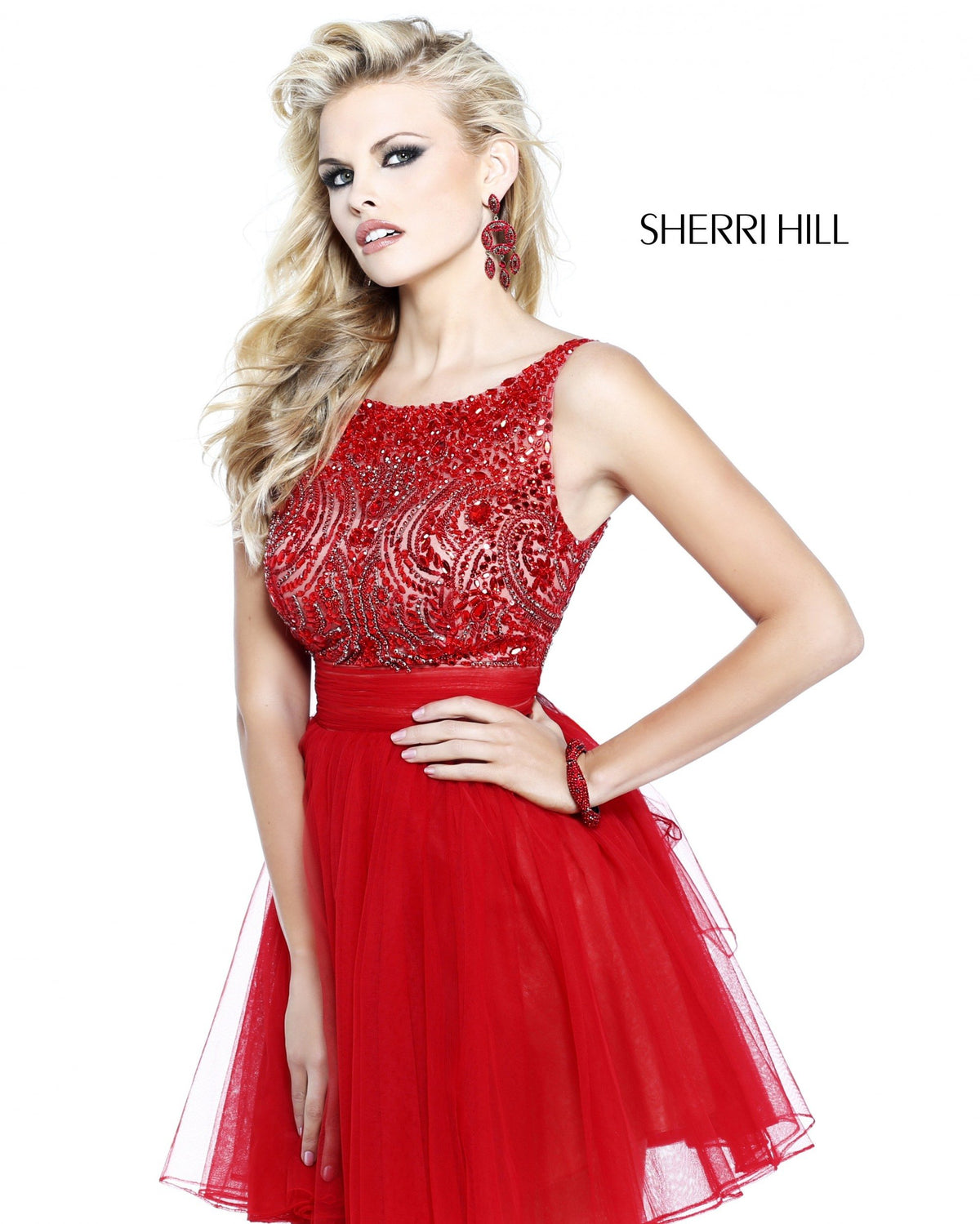 Sherri Hill 11032 beaded bodice cocktail dress with tulle skirt in red