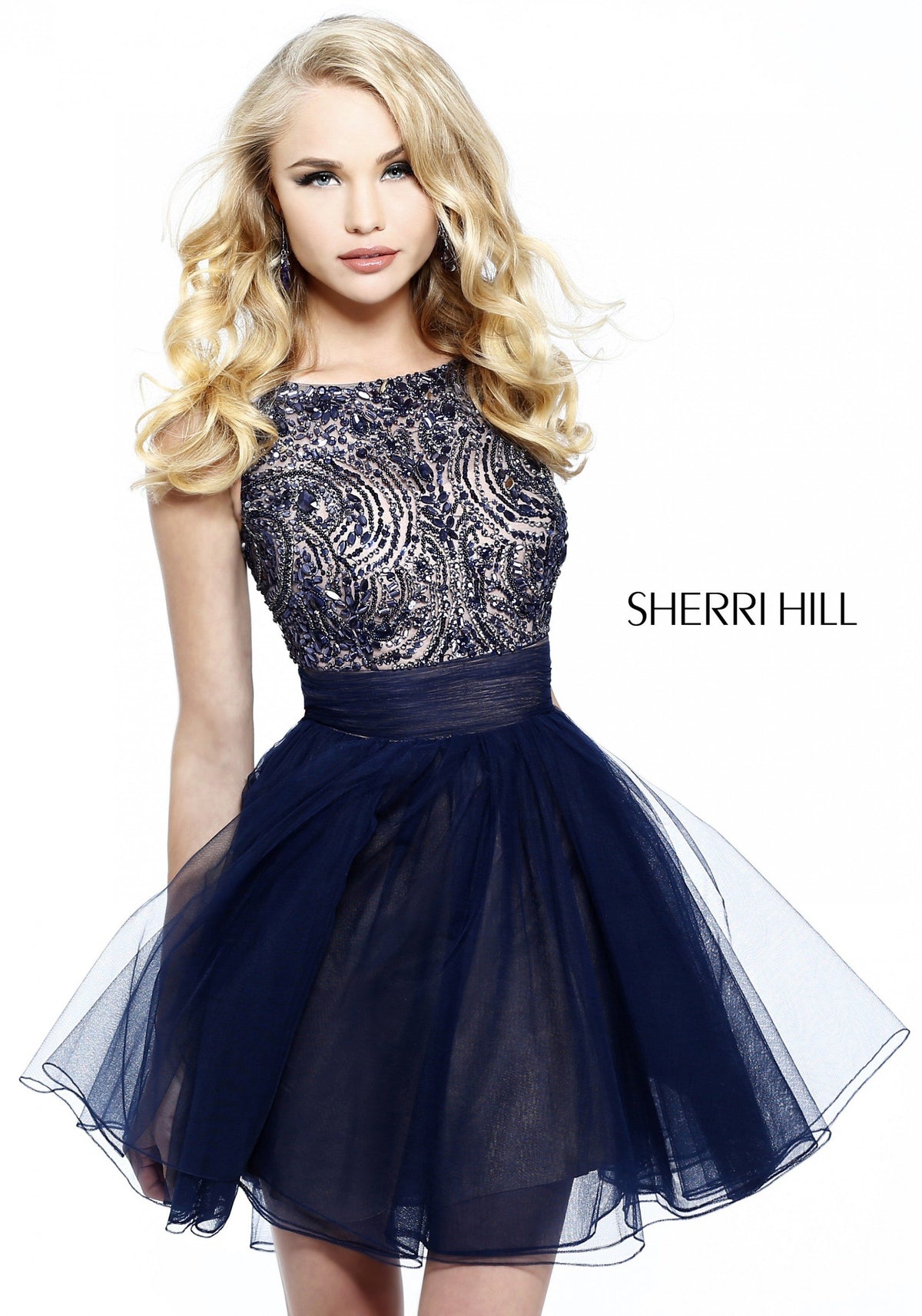 Sherri Hill 11032 beaded bodice cocktail dress with tulle skirt in navy