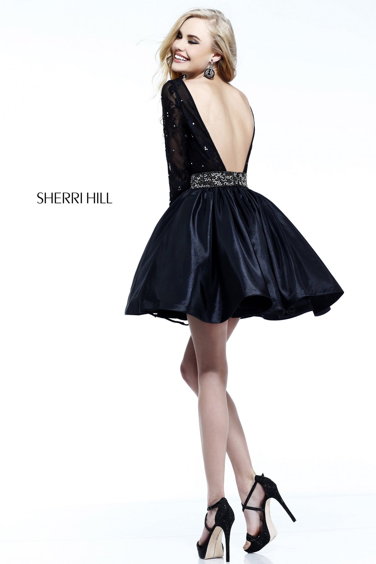 Sherri Hill 21215 long-sleeve lace cocktail dress with full skirt in black