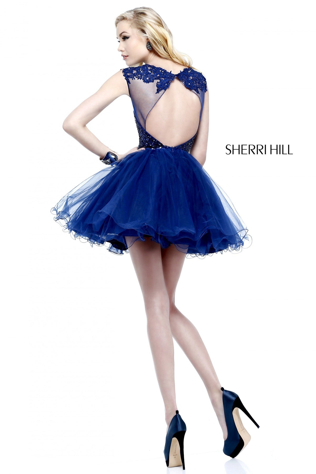 Sherri Hill 21217 cap-sleeve lace cocktail dress with tulle skirt