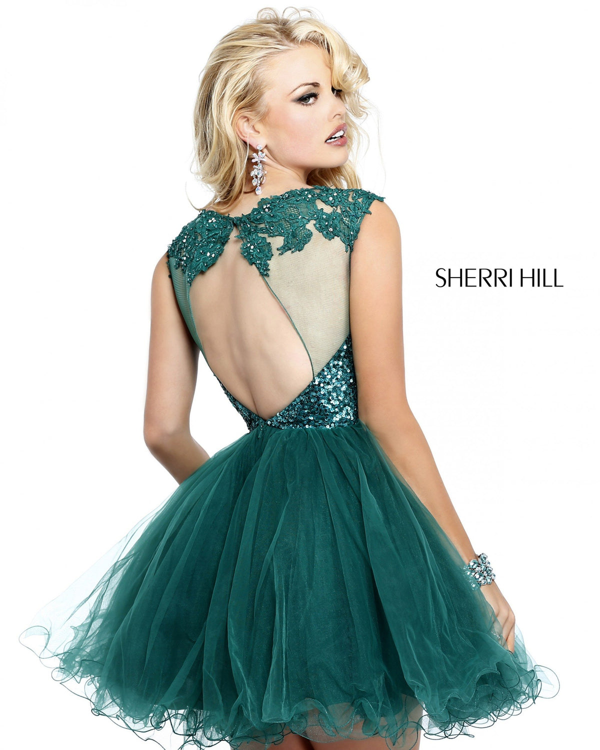 Sherri Hill 21217 cap-sleeve lace cocktail dress with tulle skirt in emerald