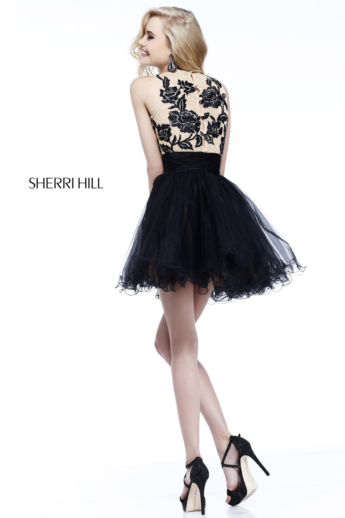 Sherri Hill 21219 lace appliquéd cocktail dress with tulle skirt