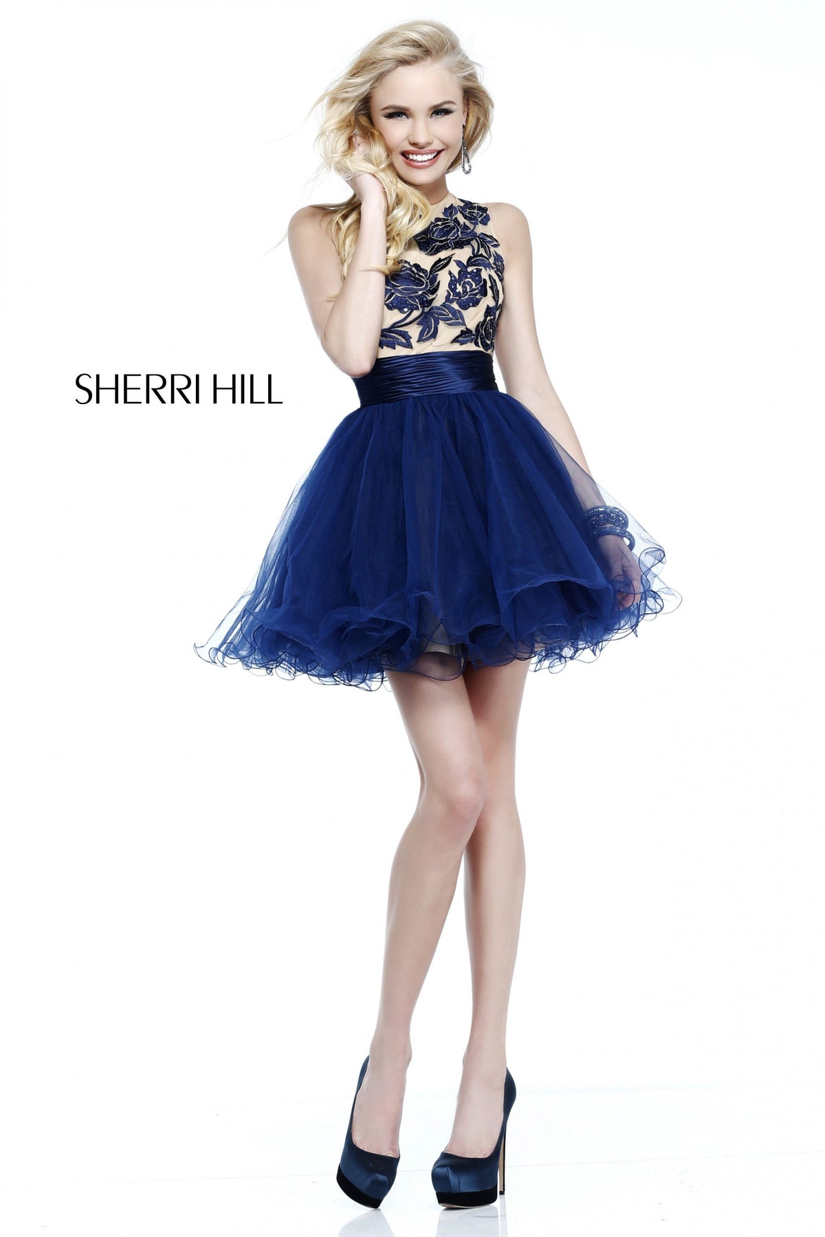 Sherri Hill 21219 lace appliquéd cocktail dress with tulle skirt