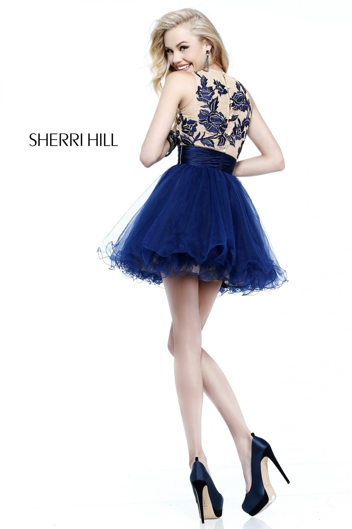 Sherri Hill 21219 lace appliquéd cocktail dress with tulle skirt