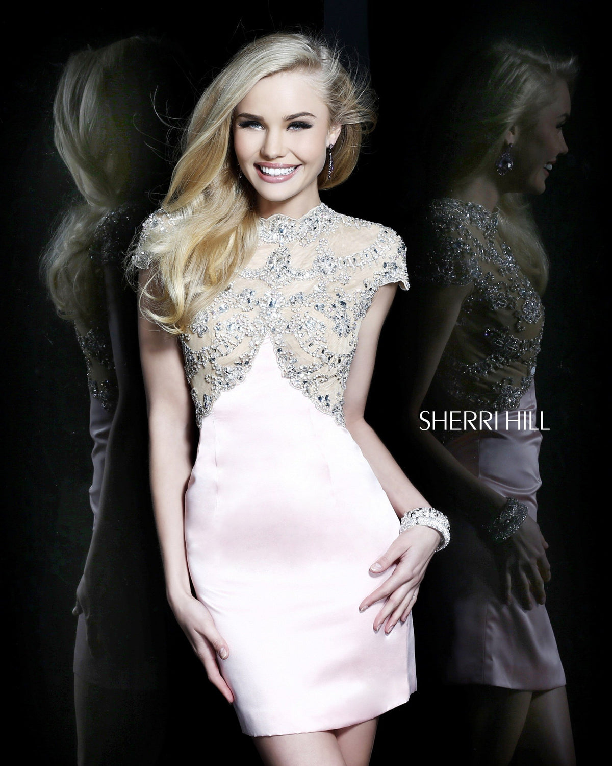Sherri Hill 21222 cap-sleeve beaded fitted cocktail dress in nude/blush