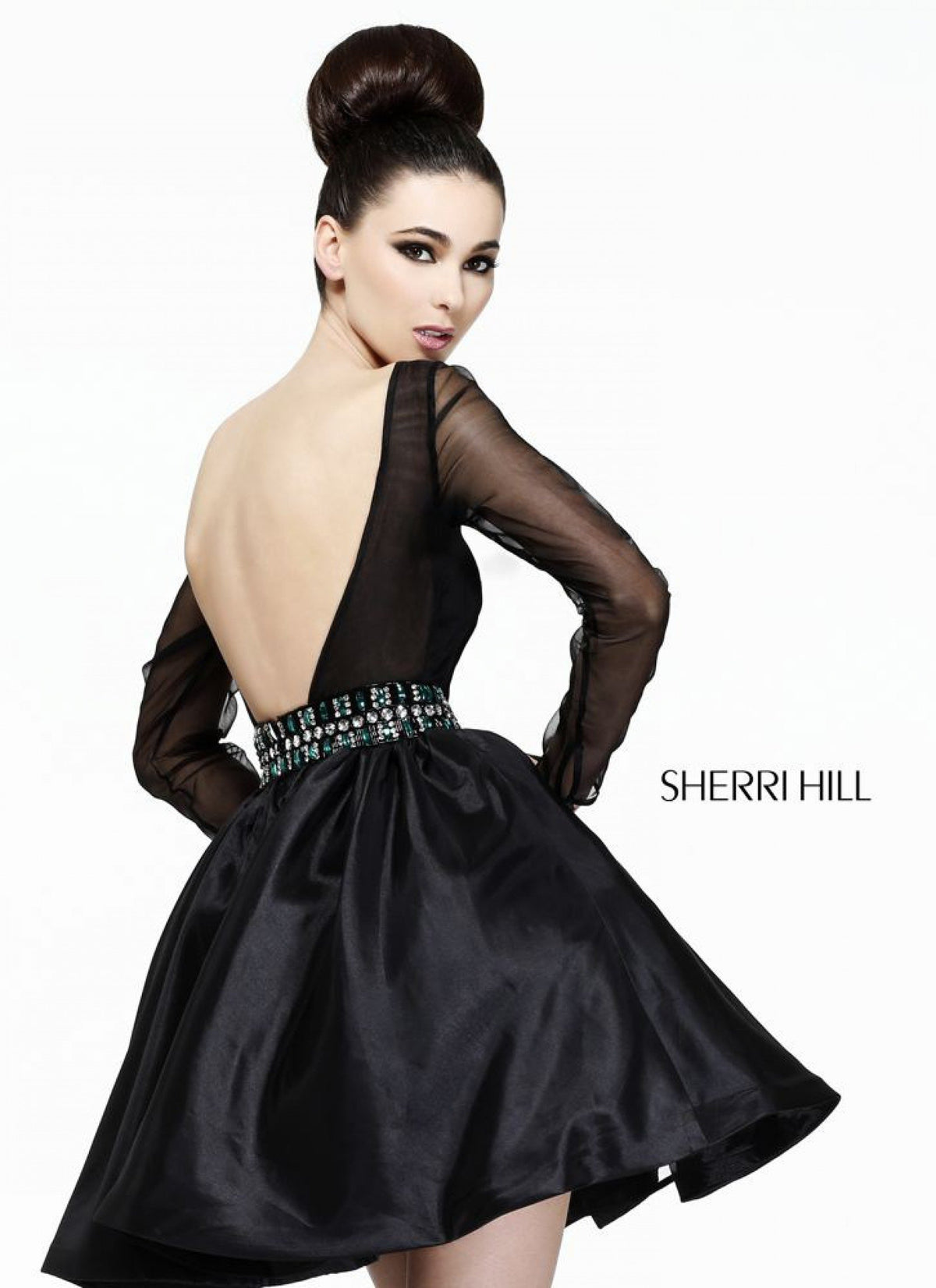 Sherri Hill 21214 sheer long-sleeve cocktail dress with full skirt