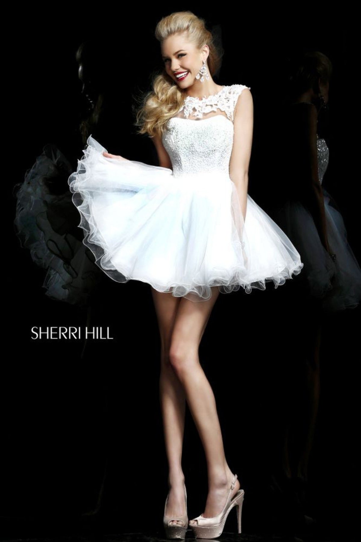 Sherri Hill 21217 cap-sleeve lace cocktail dress with tulle skirt