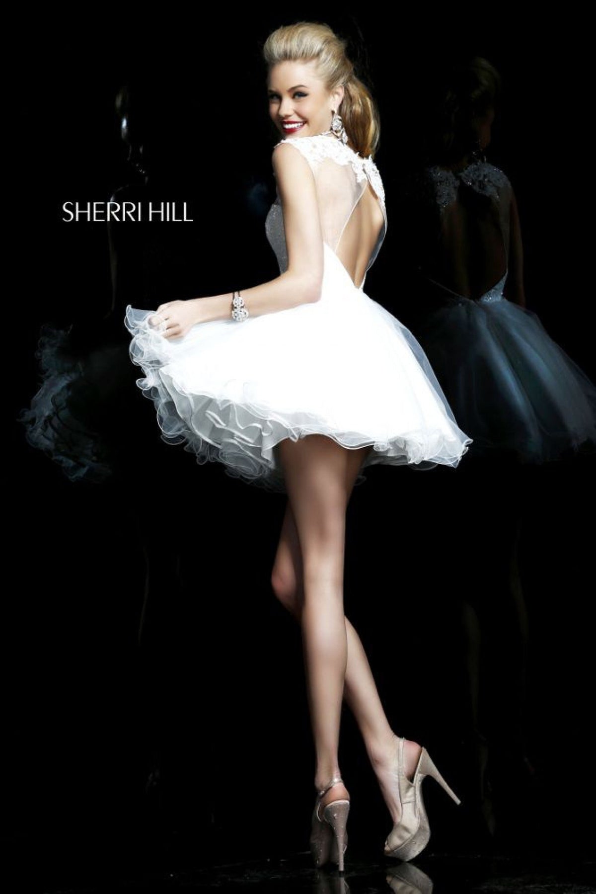 Sherri Hill 21217 cap-sleeve lace cocktail dress with tulle skirt