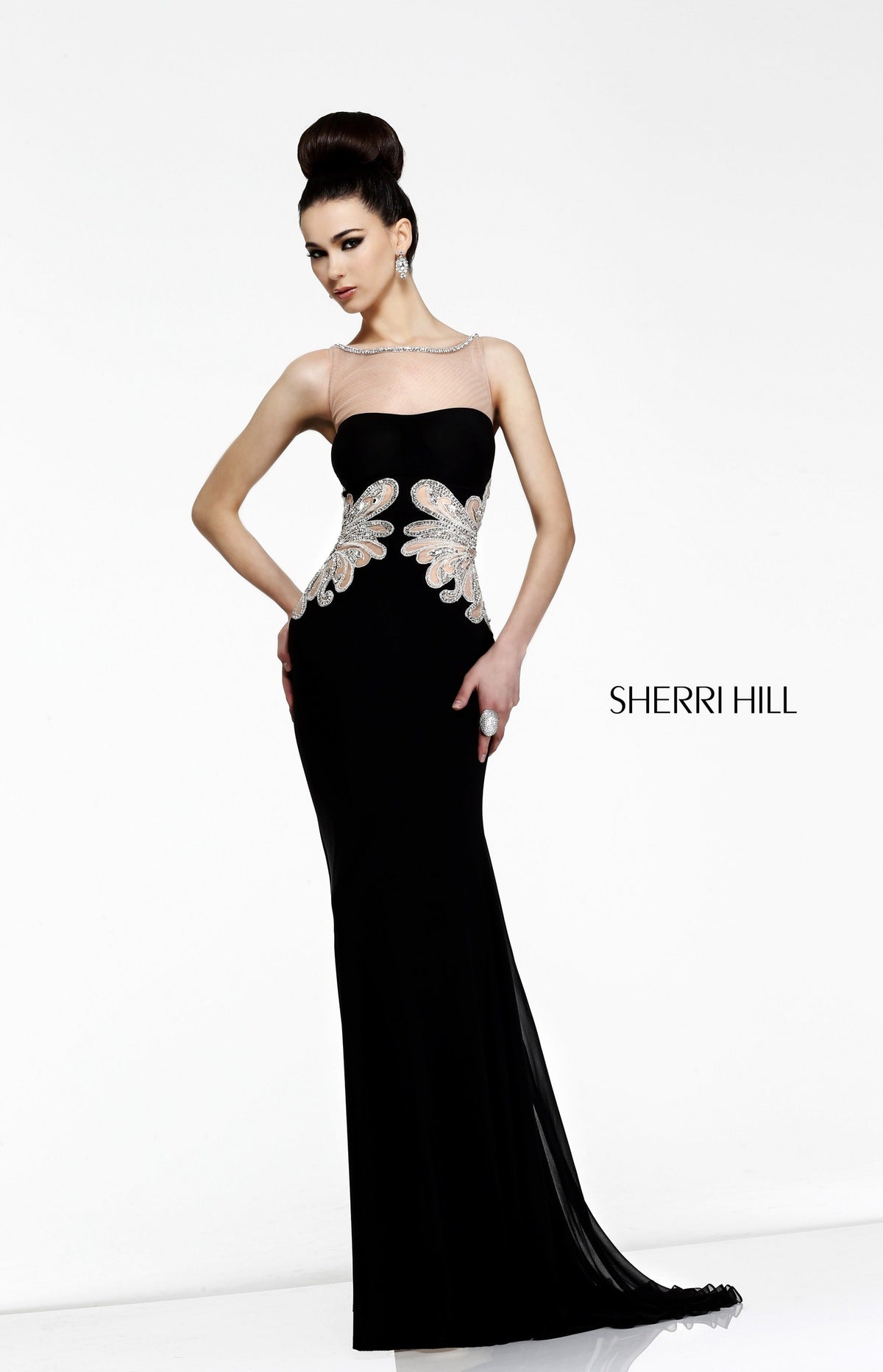 Sherri Hill 11030 strapless beaded fitted jersey gown in black