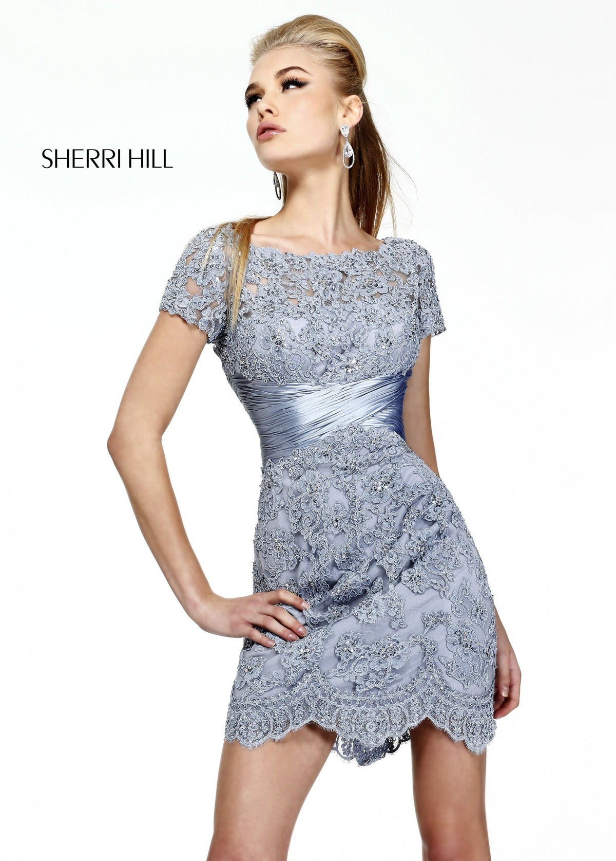 Sherri Hill 21204 cap-sleeve lace fitted cocktail dress in silver