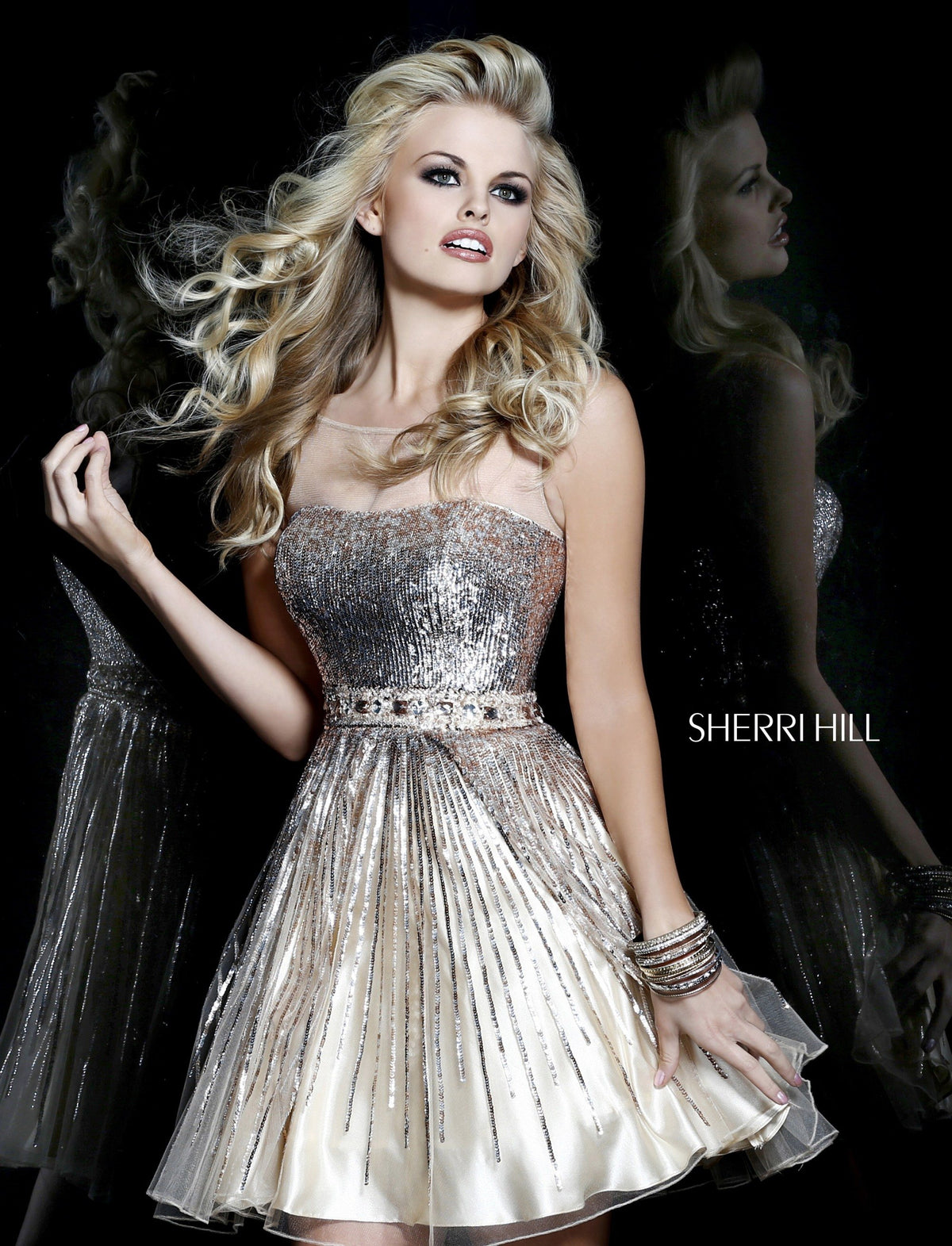 Sherri Hill 8525 sequin cocktail dress with full skirt in nude