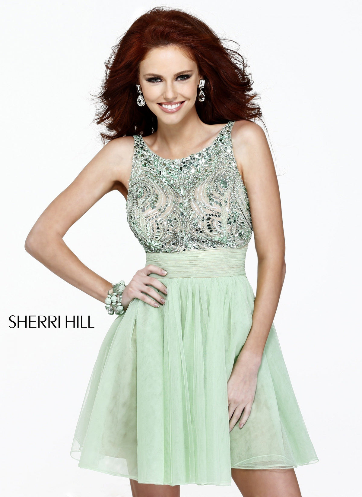 Sherri Hill 11032 beaded bodice cocktail dress with tulle skirt in green