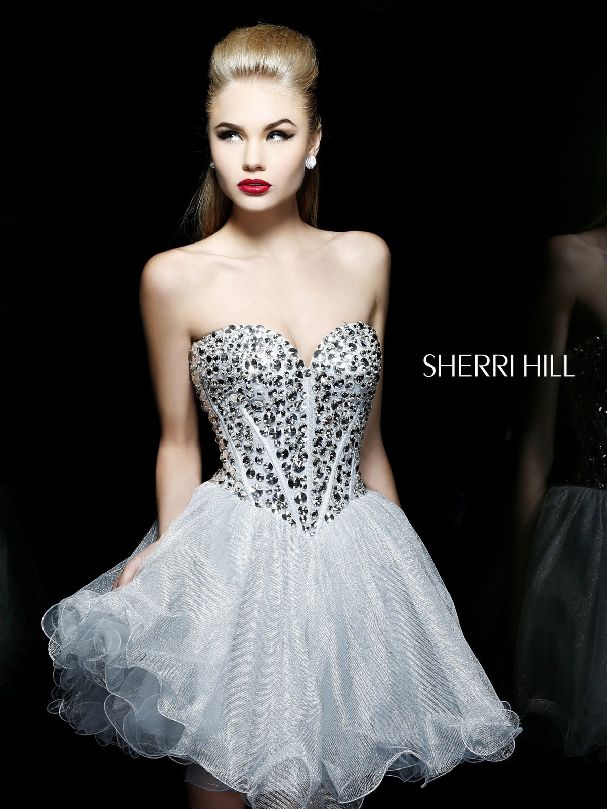 Sherri Hill 21205 strapless beaded corset cocktail dress in silver