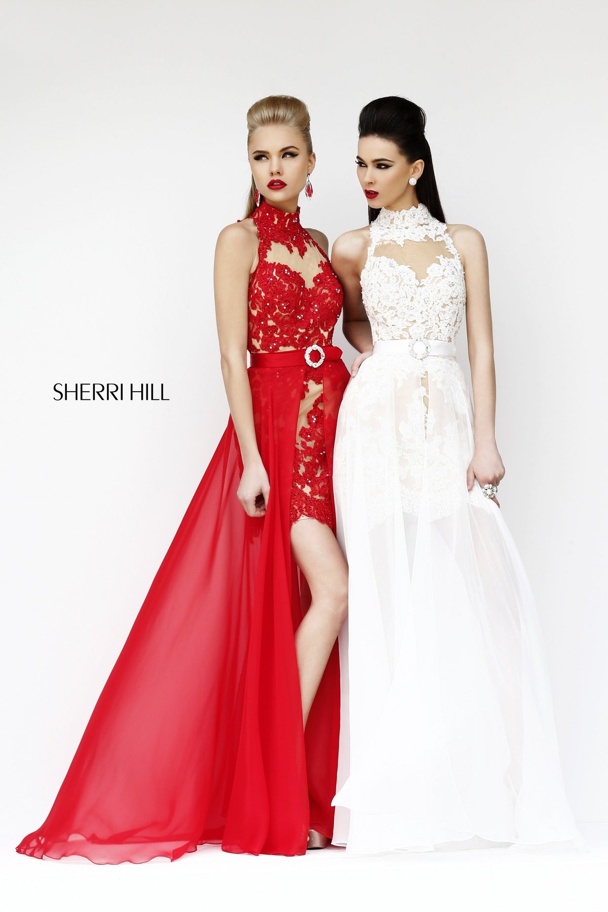 Sherri Hill 21213 high-neck lace gown with sheer skirt