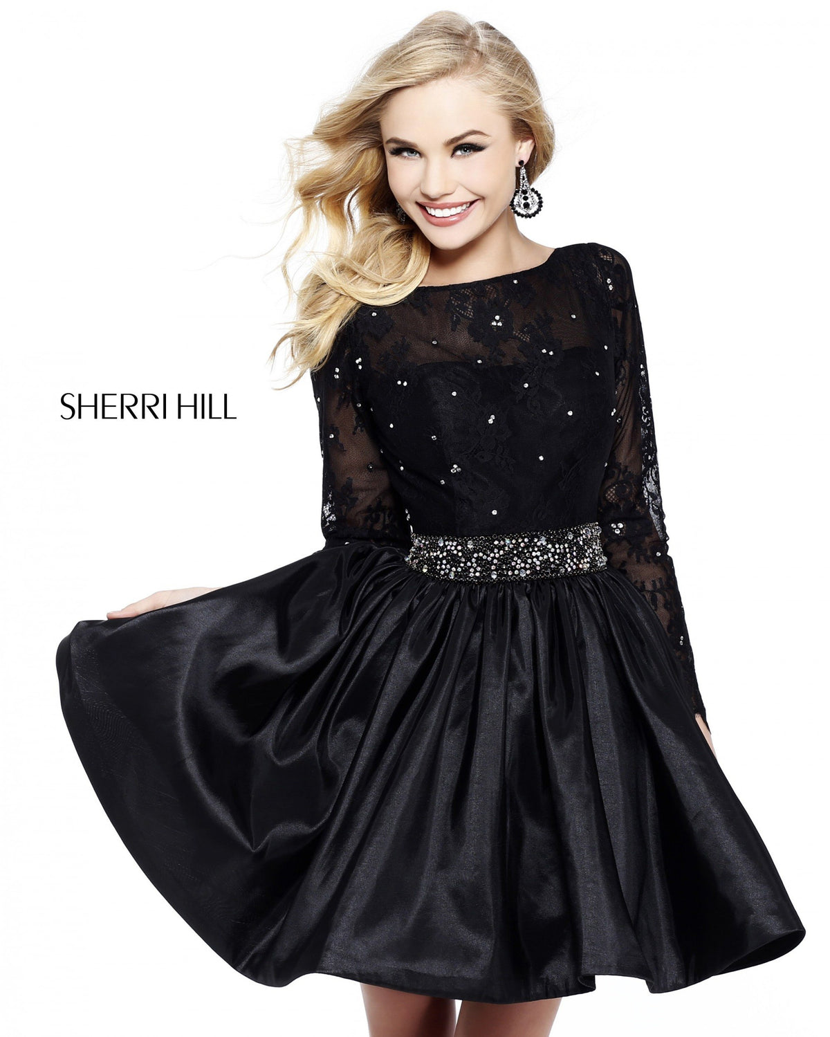 Sherri Hill 21215 long-sleeve lace cocktail dress with full skirt in black