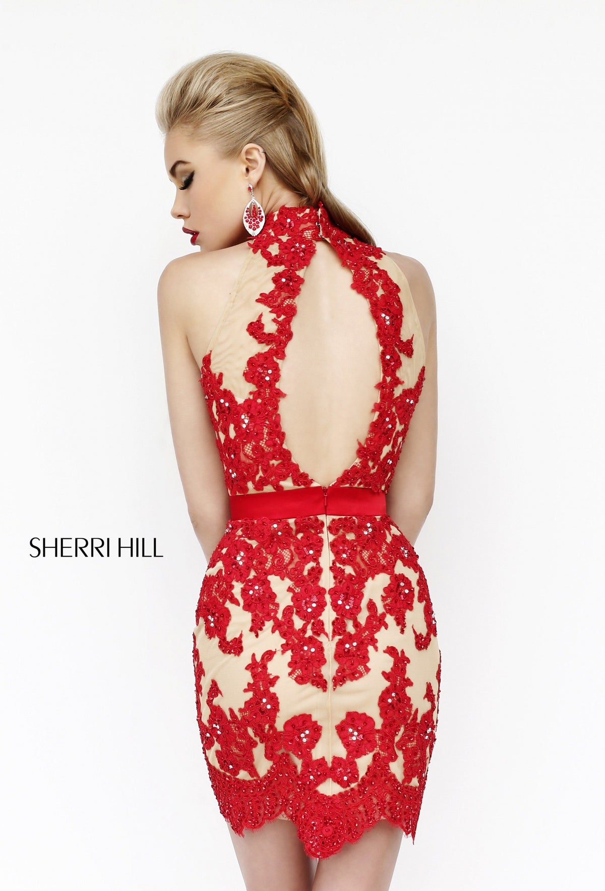 Sherri Hill 21213 high-neck lace gown with sheer skirt