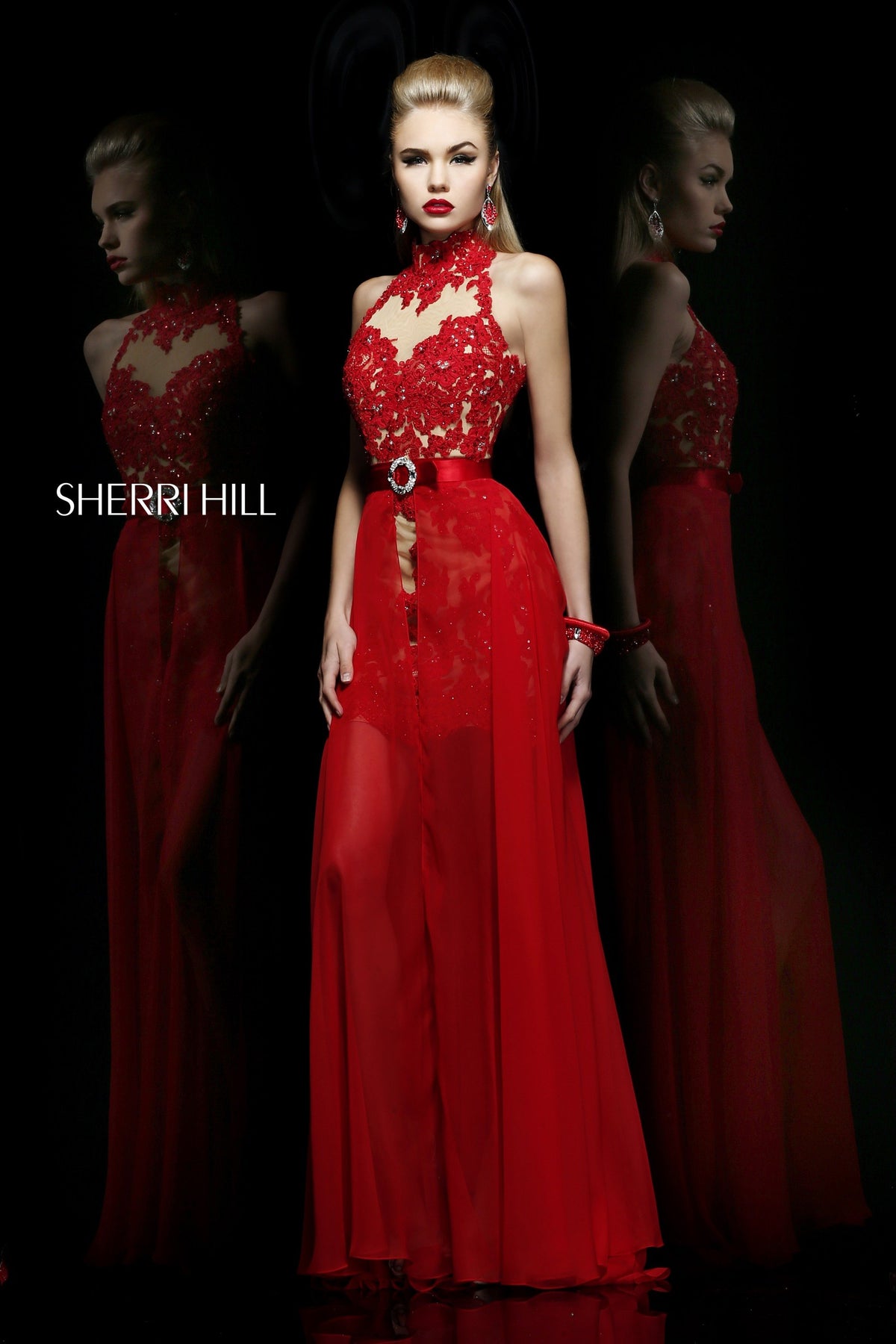 Sherri Hill 21213 high-neck lace gown with sheer skirt