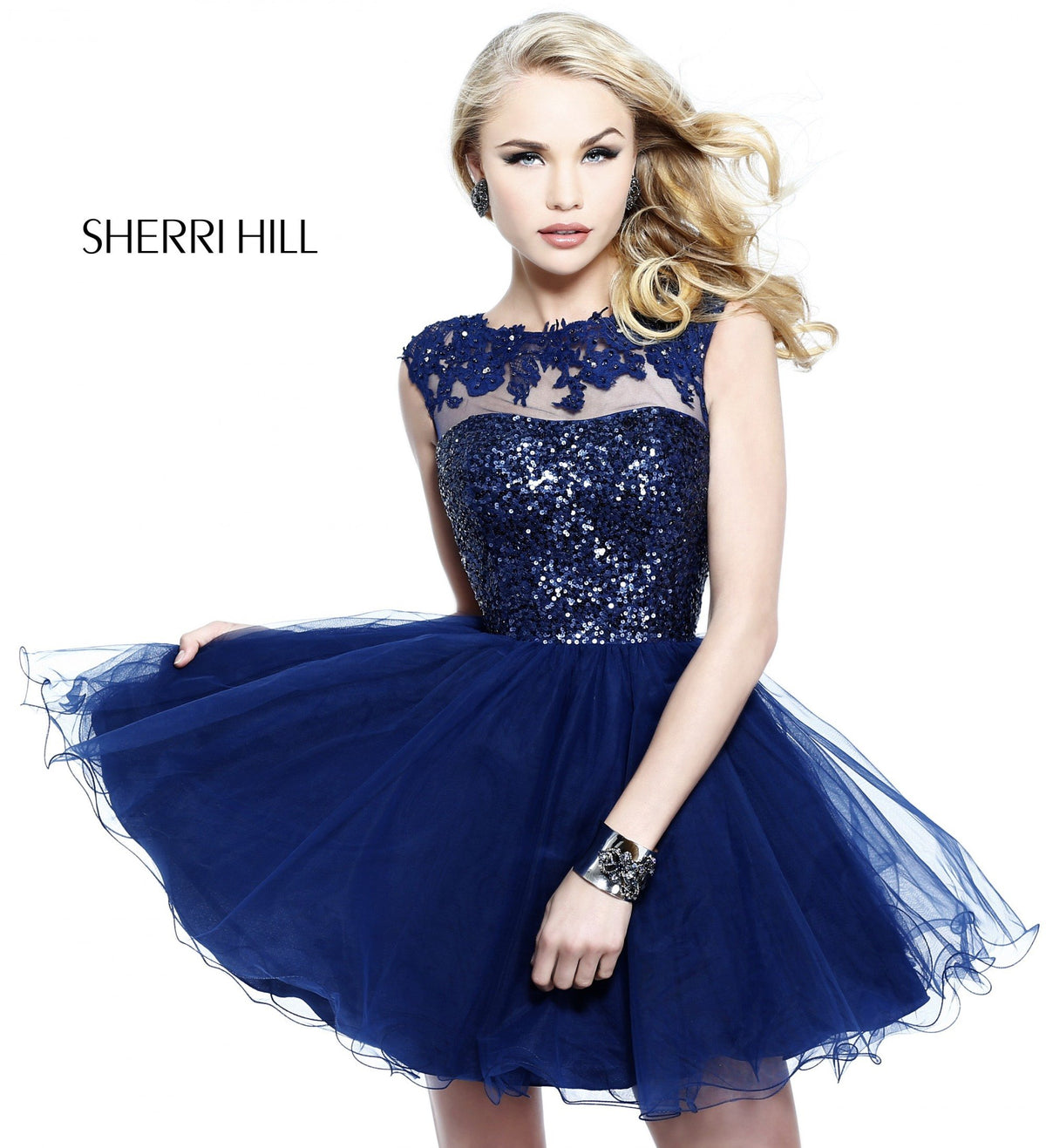 Sherri Hill 21217 cap-sleeve lace cocktail dress with tulle skirt