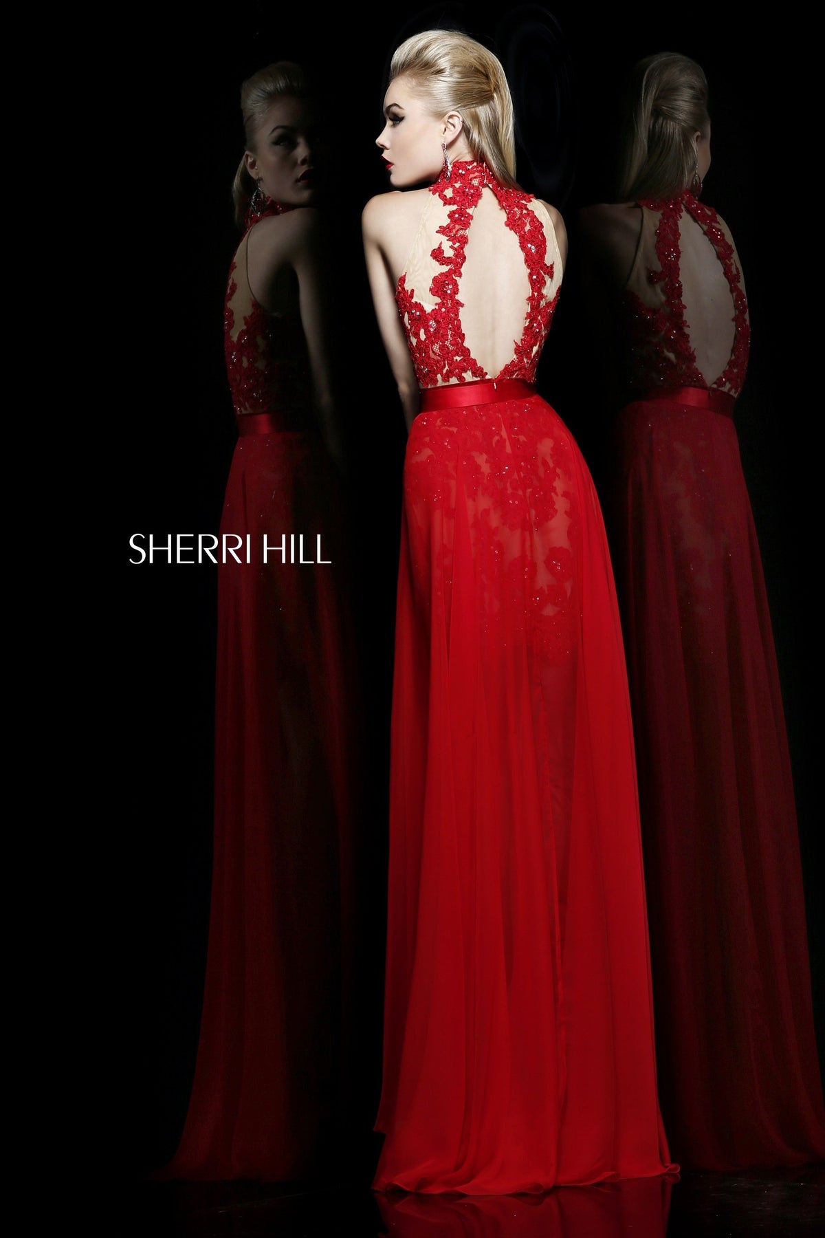Sherri Hill 21213 high-neck lace gown with sheer skirt