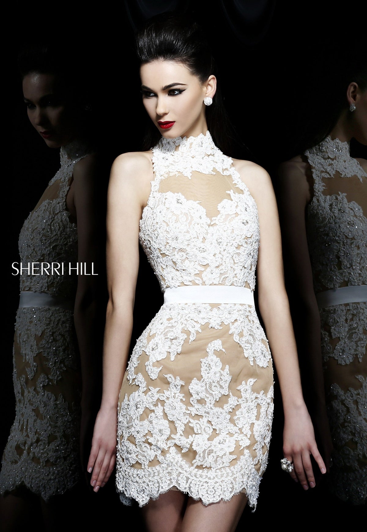 Sherri Hill 21213 high-neck lace gown with sheer skirt