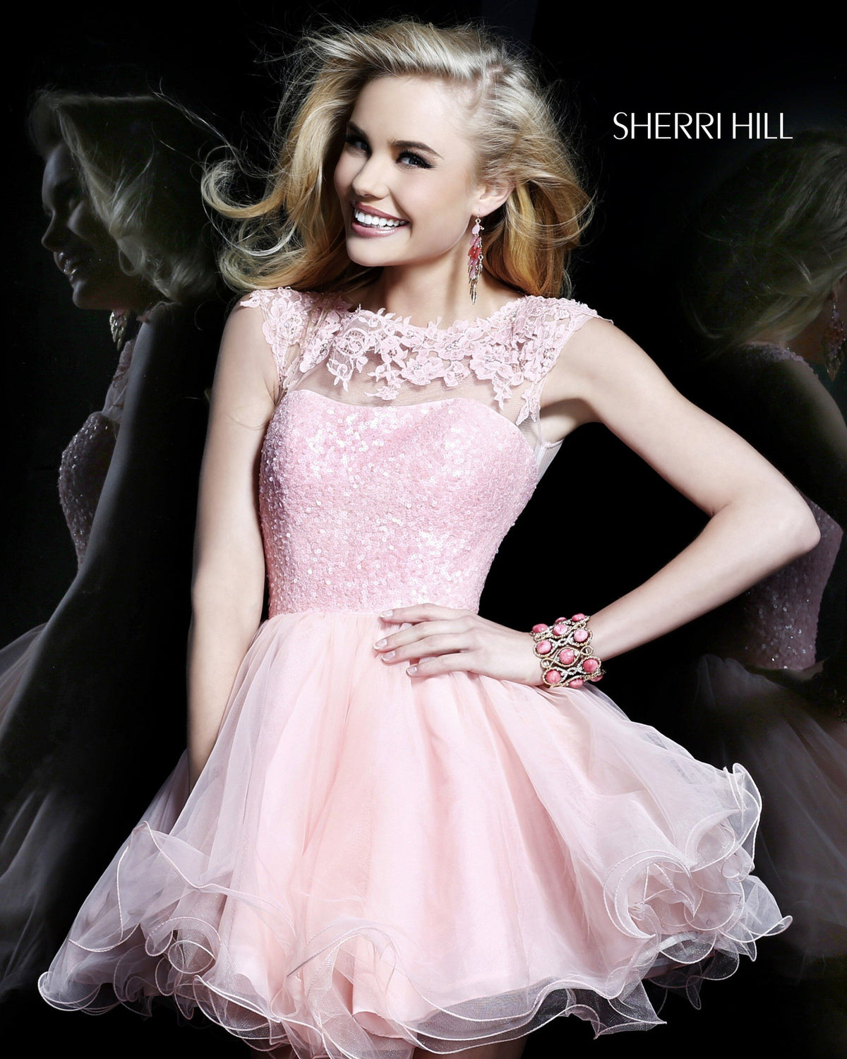 Sherri Hill 21217 cap-sleeve lace cocktail dress with tulle skirt