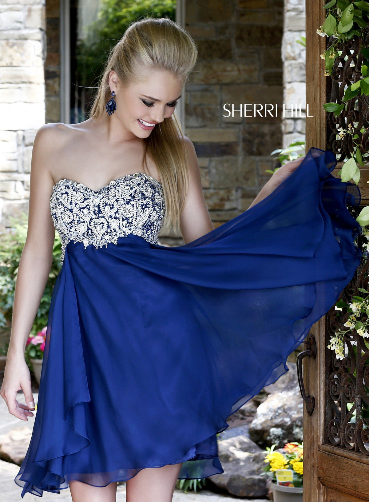 Sherri Hill 3879 strapless beaded cocktail dress in navy