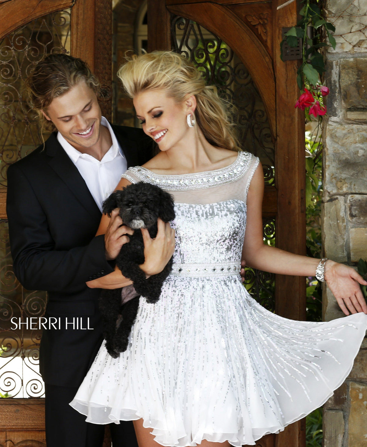 Sherri Hill 8518 beaded cocktail dress with full skirt in ivory