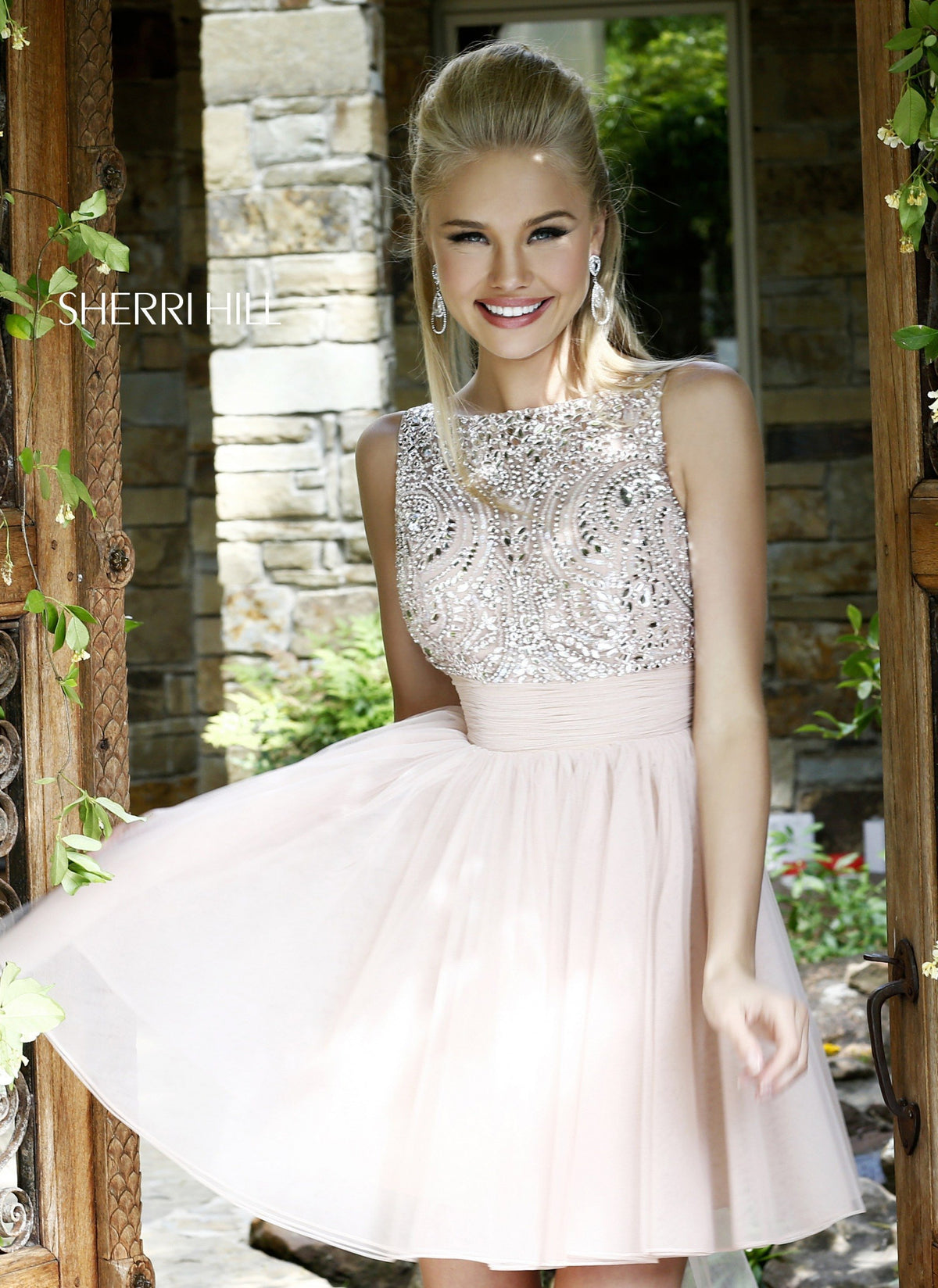 Sherri Hill 11032 beaded bodice cocktail dress with tulle skirt in nude