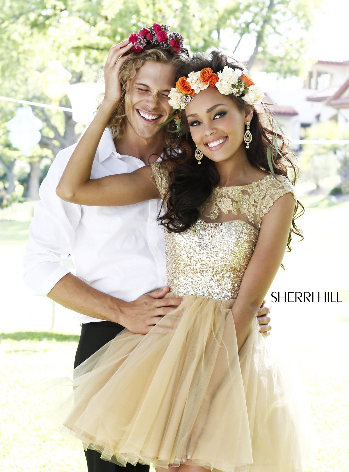 Sherri Hill 21217 cap-sleeve lace cocktail dress with tulle skirt