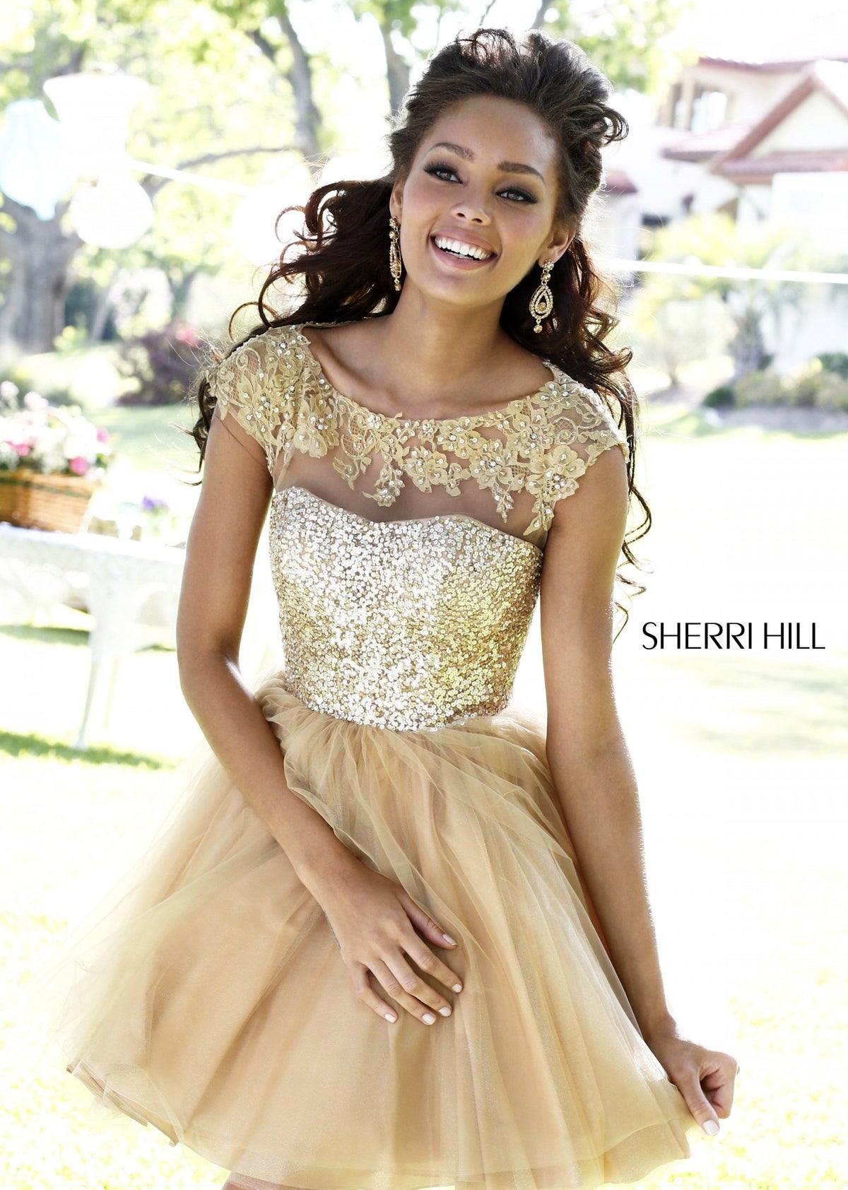 Sherri Hill 21217 cap-sleeve lace cocktail dress with tulle skirt in nude