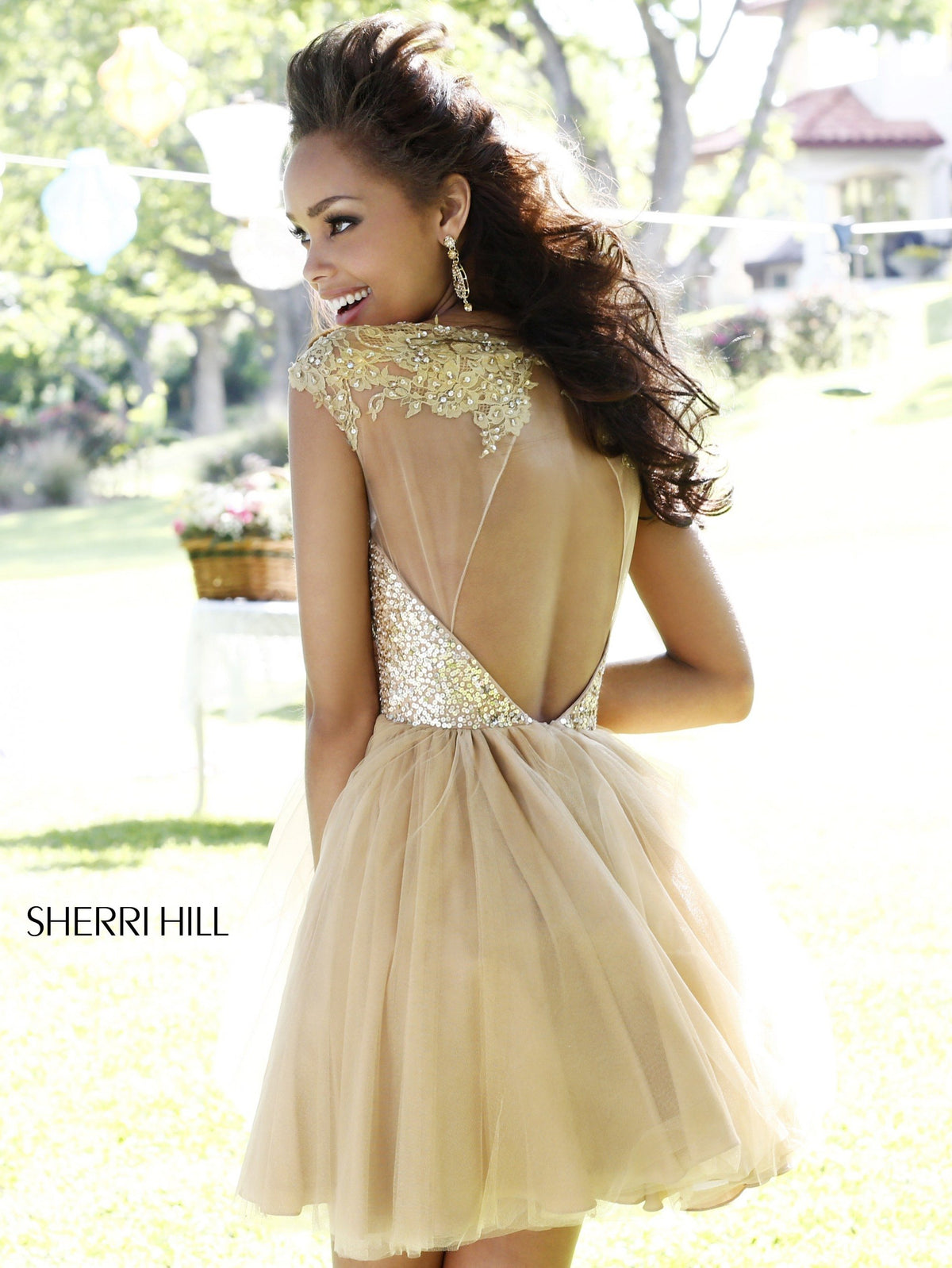 Sherri Hill 21217 cap-sleeve lace cocktail dress with tulle skirt
