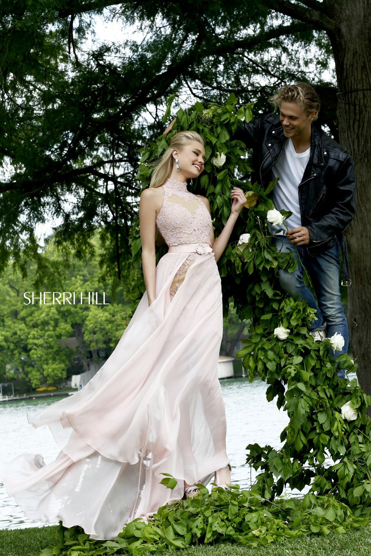 Sherri Hill 21213 high-neck lace gown with sheer skirt