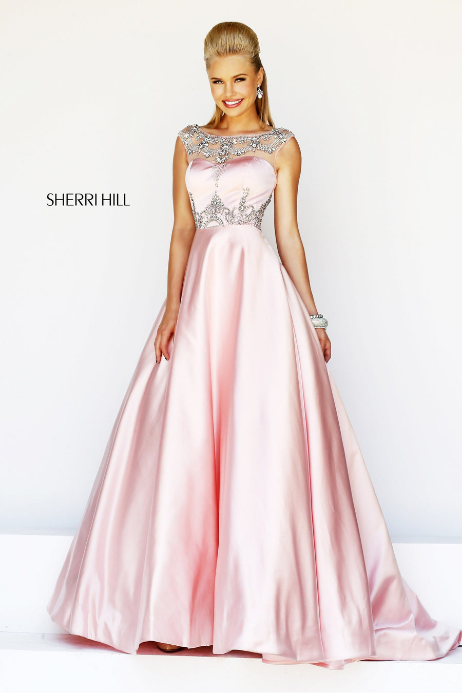 Sherri Hill style 21248 in blush, Satin A-Line Gown with Beaded Neckline
