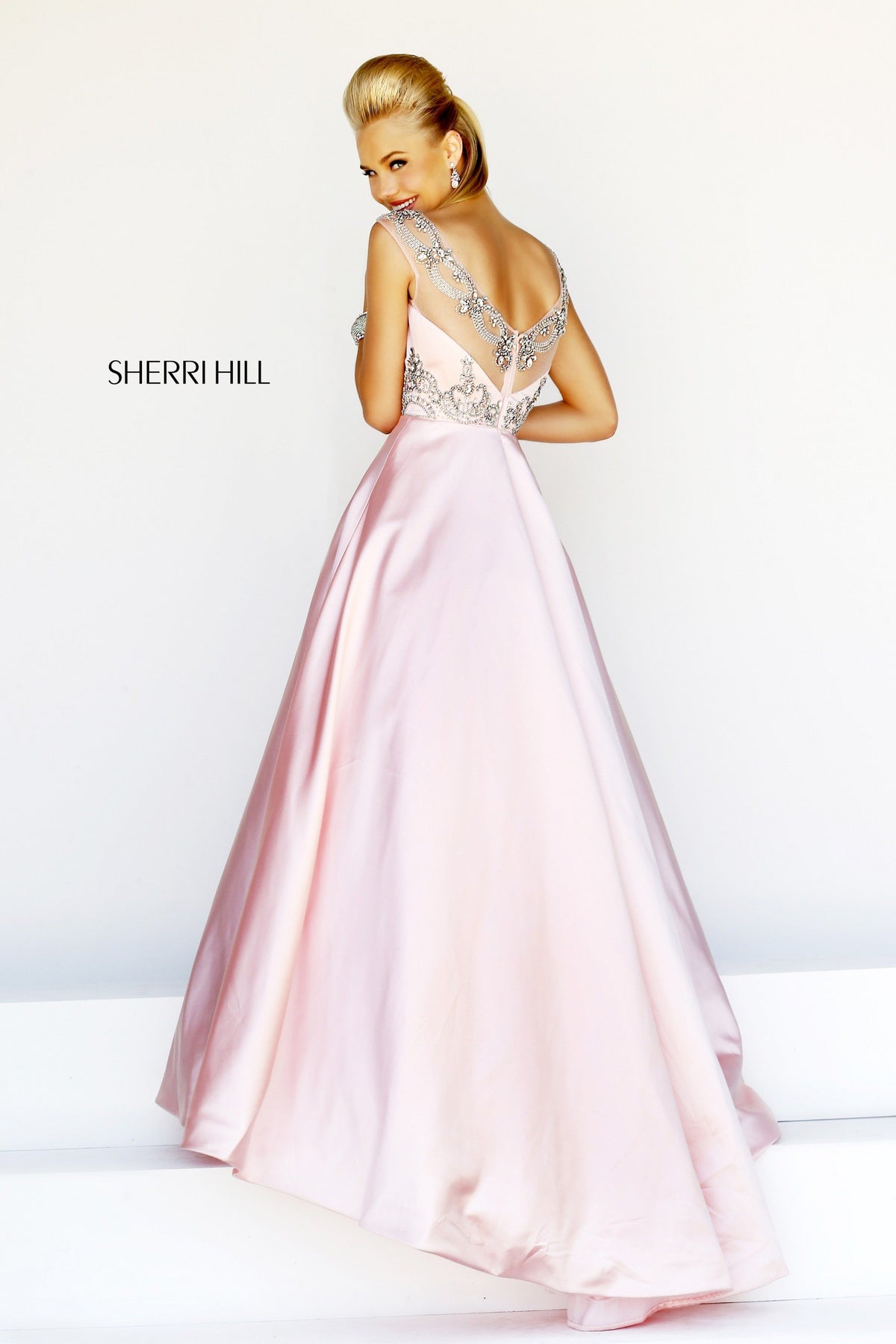 Sherri Hill 21248 satin A-line gown with beaded neckline
