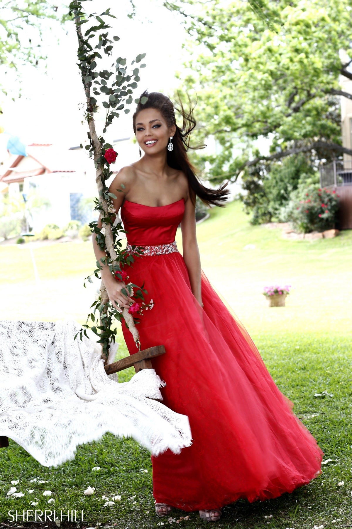 Sherri Hill 21249 two-piece ball gown with crop top in red